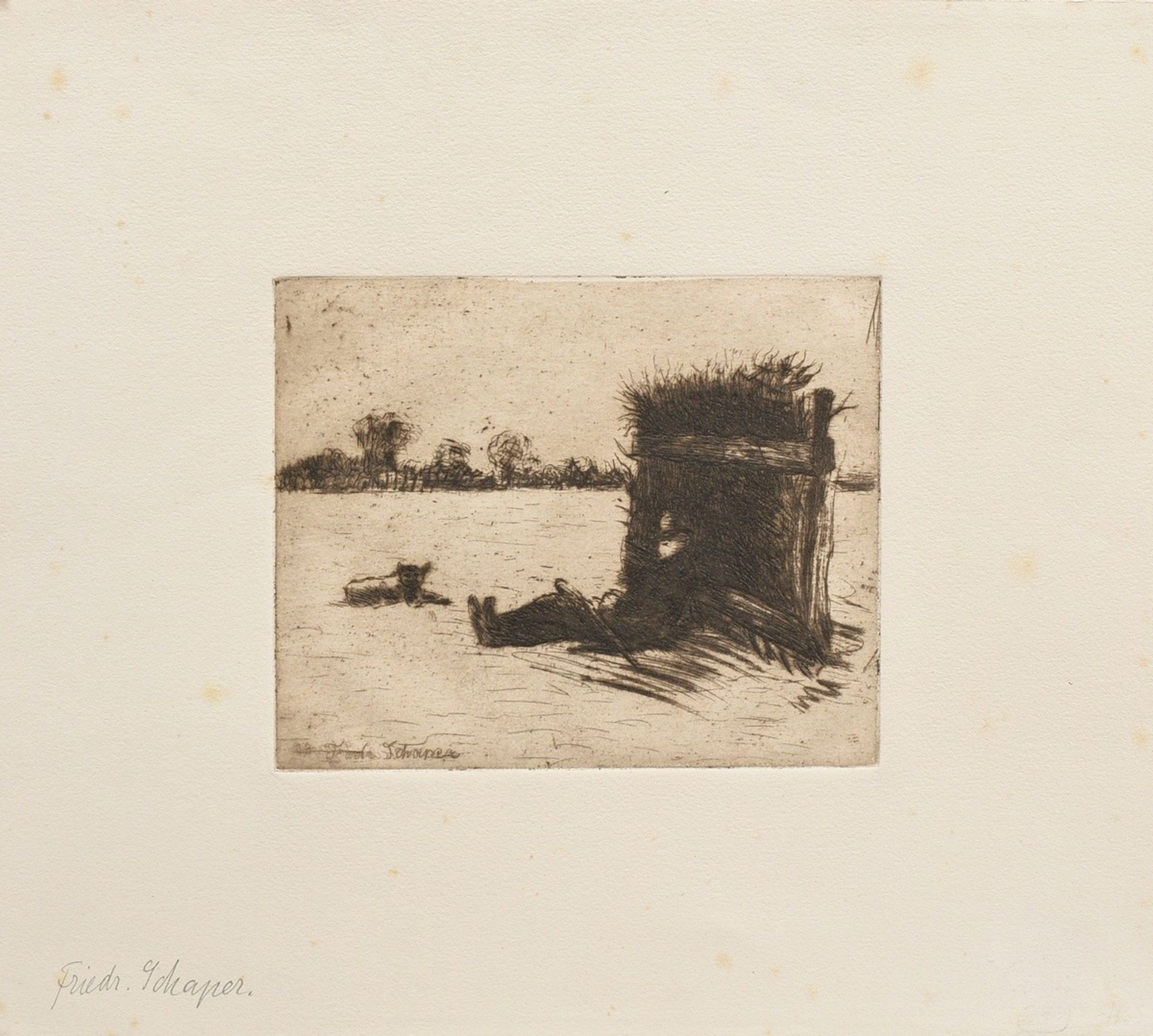 2 Schaper, Friedrich (1869-1956) "Horse Flock" and "Lying Shepherd" 1908, etchings, each inscr. on  - Image 6 of 7