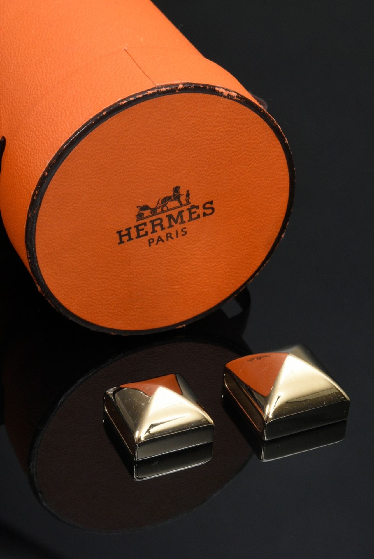 2 Hermès Twilly cloth rings "Pyramid Medor", metal gold plated, 1,8x1,8cm, in original bag and box, - Image 3 of 6
