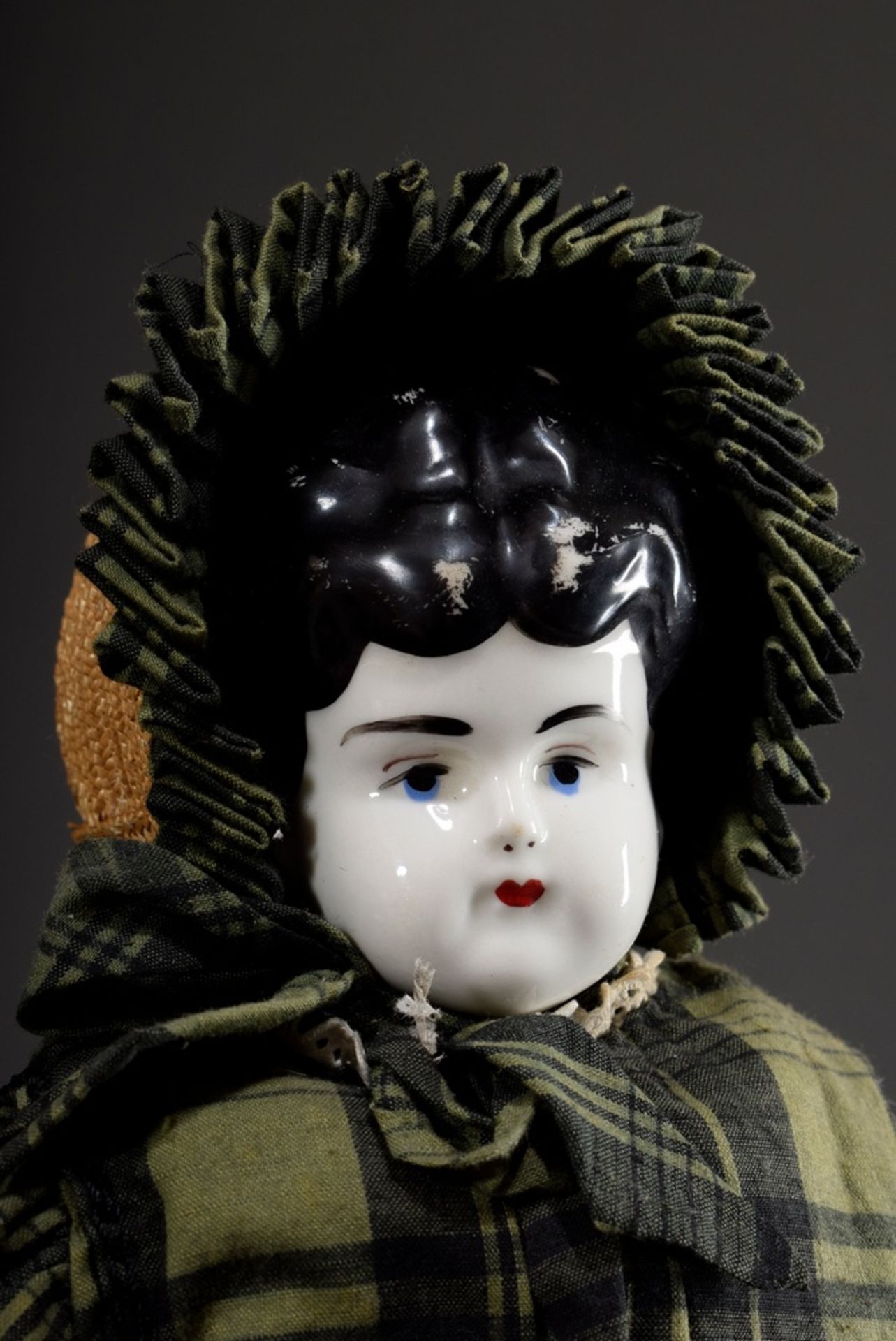 Biedermeier doll with painted porcelain chest head, blue eyes and closed mouth, leather body and or - Image 2 of 6