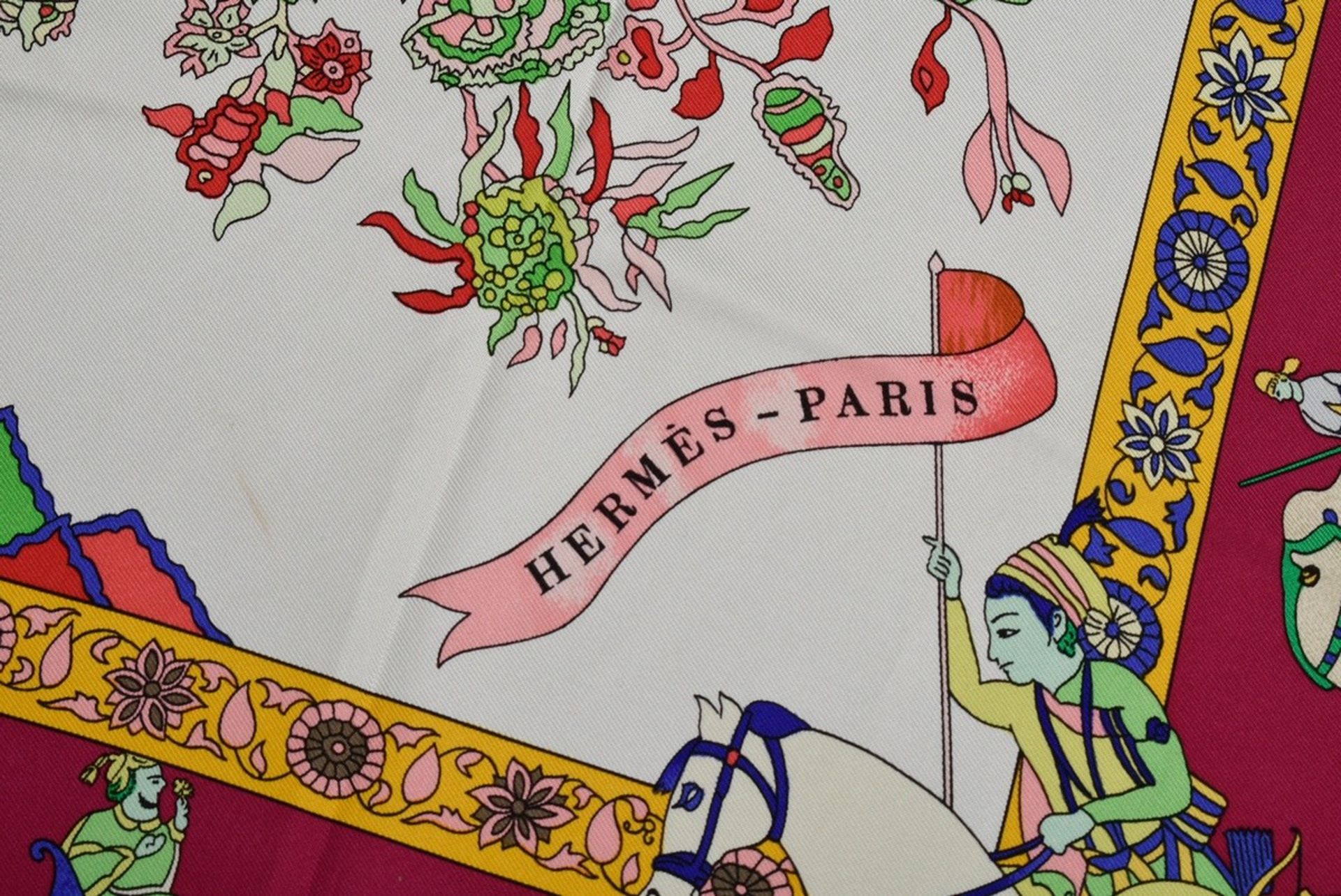 Hermès silk carré "fantaisies indiennes" in red/pink, design: Loïc Dubigeon 1987, rolled edge, 90x9 - Image 3 of 7