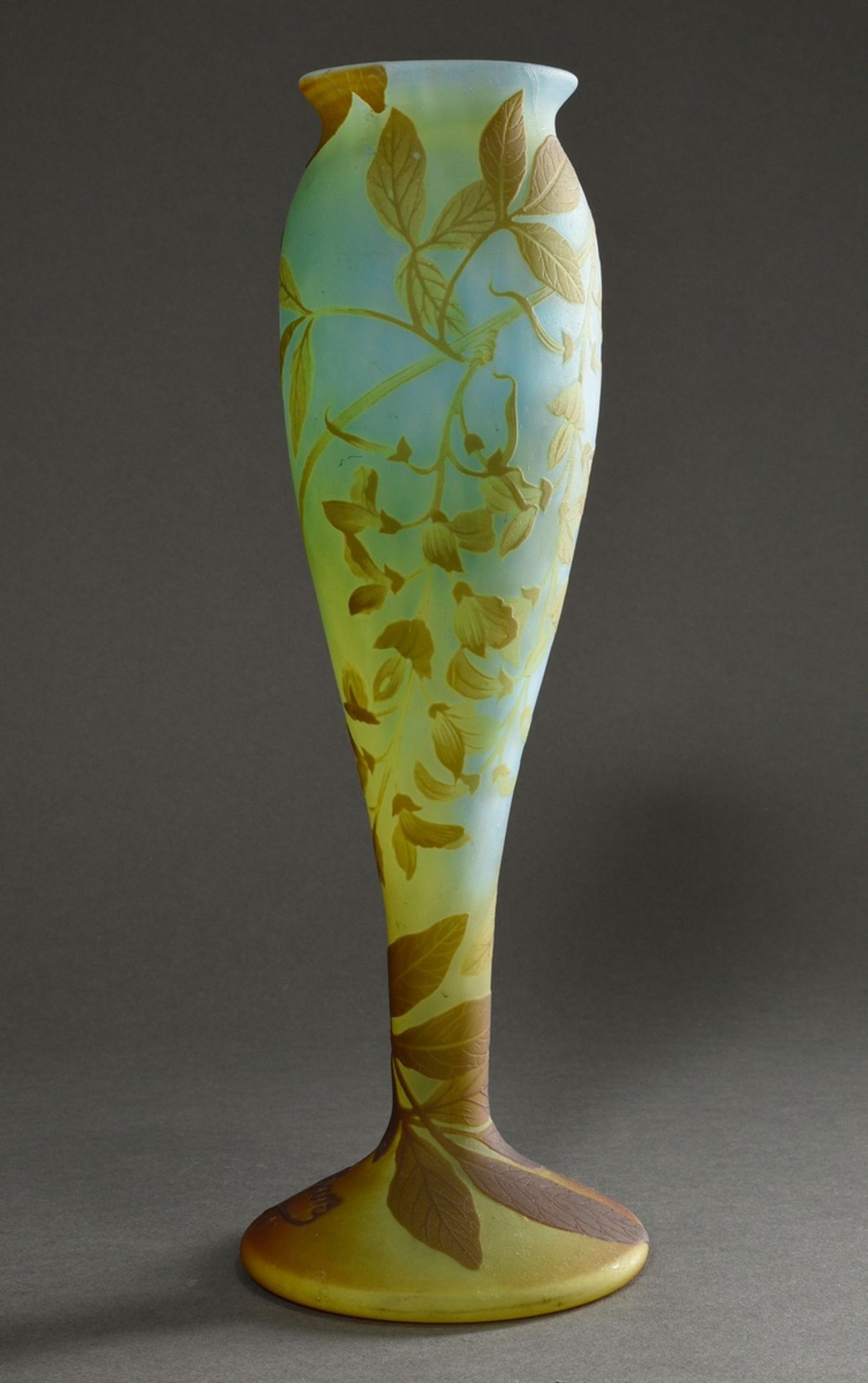 Barz Art Nouveau vase "Wysteria" in blue-green-brown flashed glass, slender baluster shape on a bro - Image 2 of 5