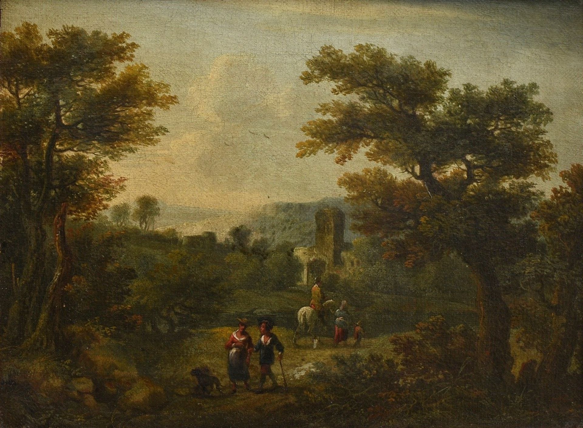 Pair of paintings by an unknown artist of the 18th c. "Landscapes with staffage of persons", oil/ca - Image 2 of 7