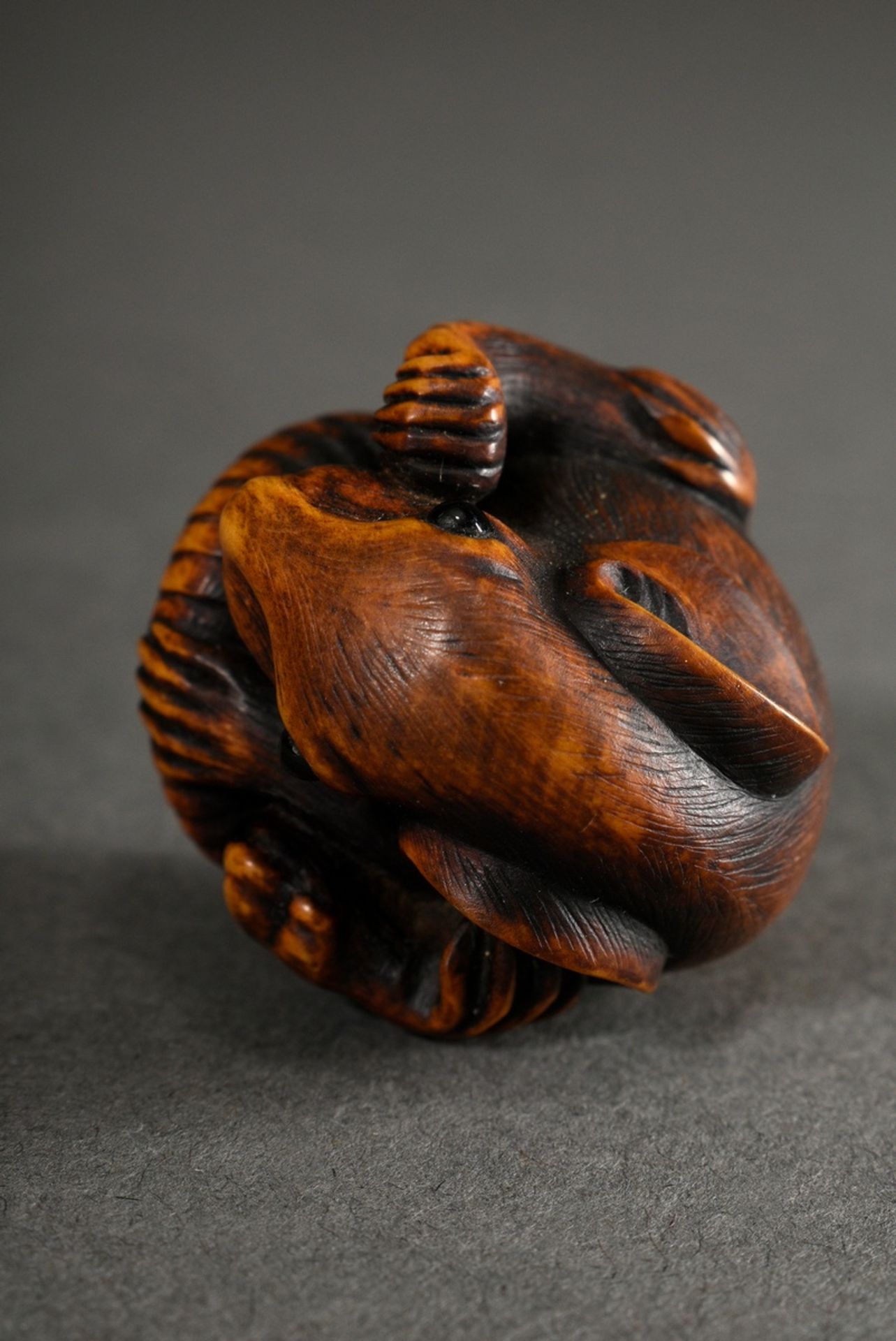 Boxwood netsuke "spherical rat" with eyes inlaid in horn, natural himotoshi through the right paw,  - Image 6 of 6