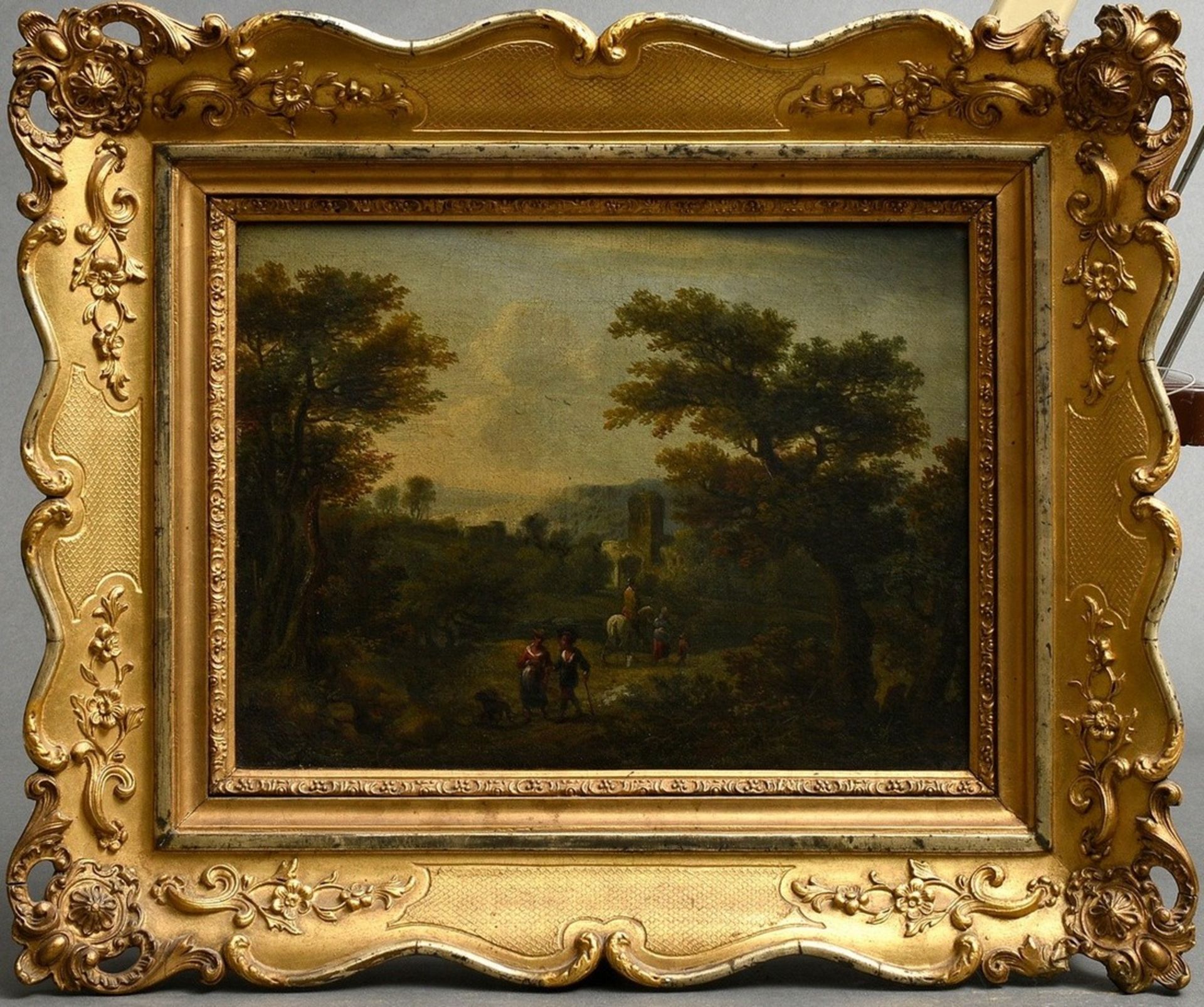 Pair of paintings by an unknown artist of the 18th c. "Landscapes with staffage of persons", oil/ca - Image 7 of 7