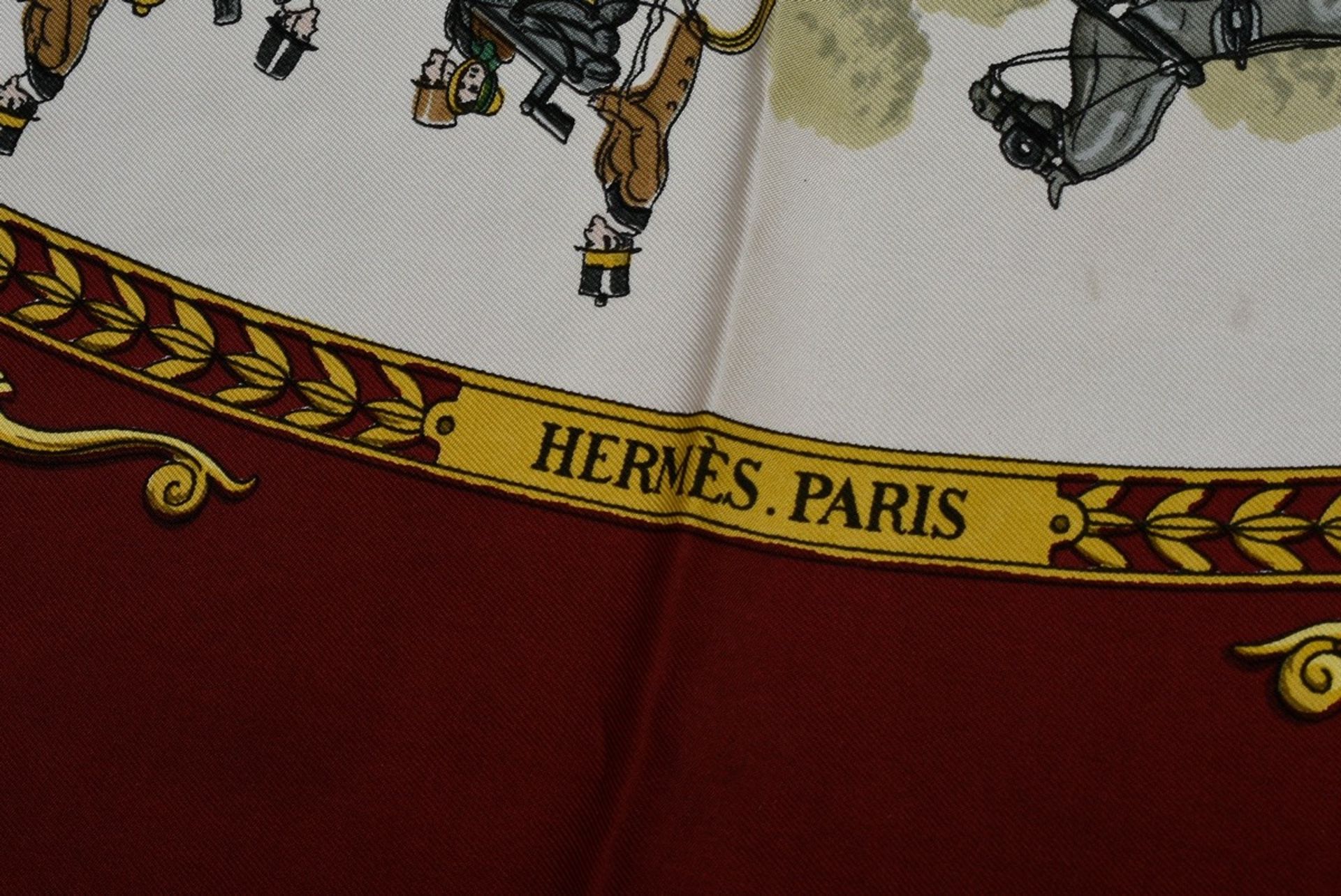 Hermès silk carré "La Promenade de Longchamps" in bordeaux, design: Philippe Ledoux 1965, rolled ed - Image 3 of 4