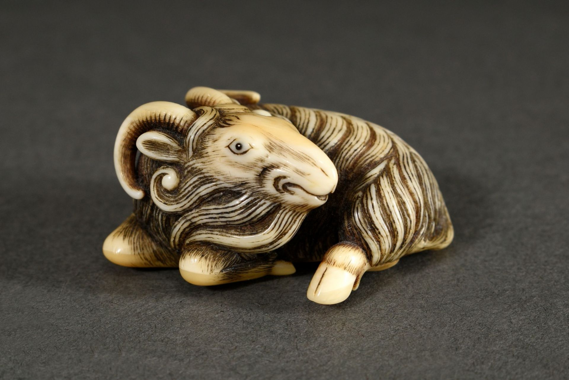 Ivory netsuke "Rolled-in mountain goat" with inlaid eyes of black horn and engraved fur, golden pat