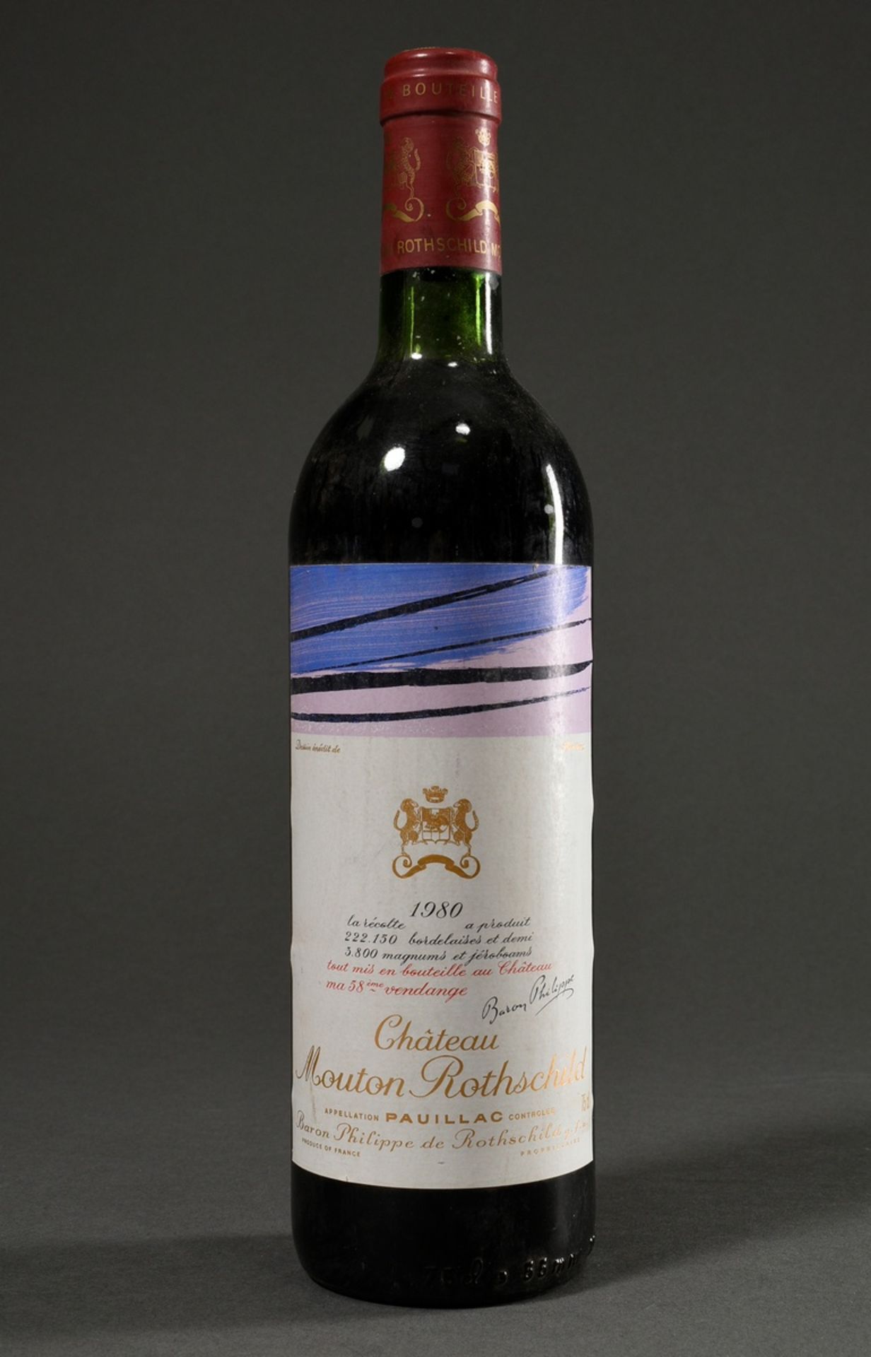 Flasche 1980 Château Mouton Rothschild, Bordeaux, Pauillac, Rotwein, 0,75l, Design Hans Hartung, ko