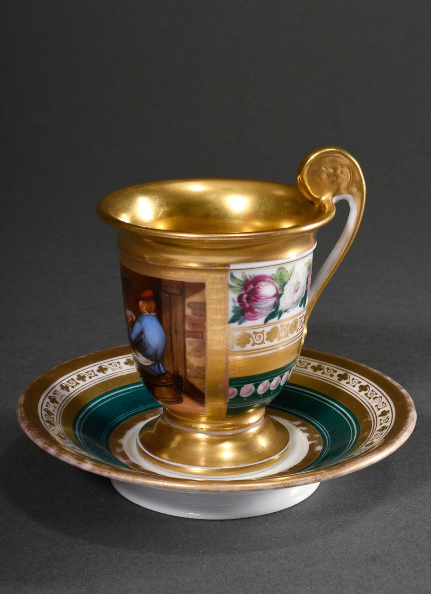 Biedermeier cup with painted cartouche "Card Player" on dark green background with floral and gold  - Image 2 of 5