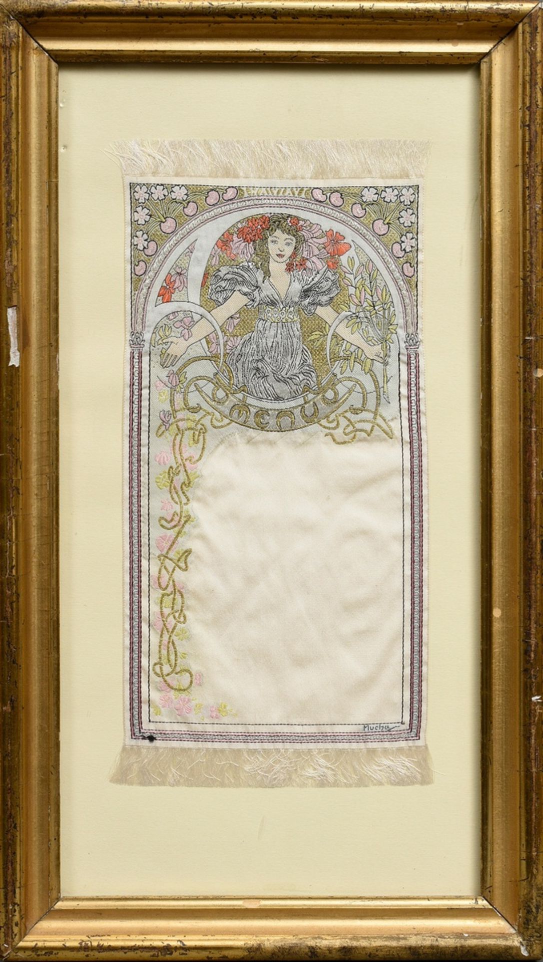 Mucha, Alphonse (1860-1939) "Menu Map (La Réserve)" c. 1900, silk, signed lower right, gilded Berli - Image 2 of 4