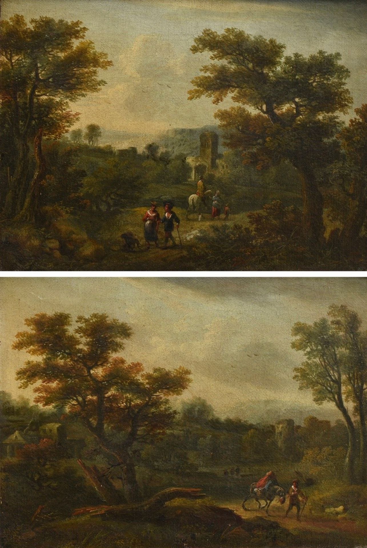 Pair of paintings by an unknown artist of the 18th c. "Landscapes with staffage of persons", oil/ca