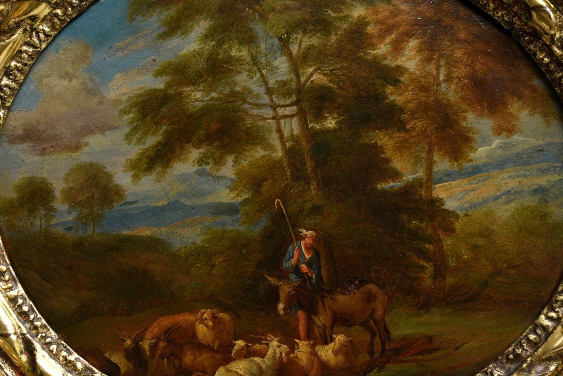 Unknown artist of the 17th/18th c. "Shepherd with flock in an Arcadian landscape", oil/copper, oval - Image 2 of 4