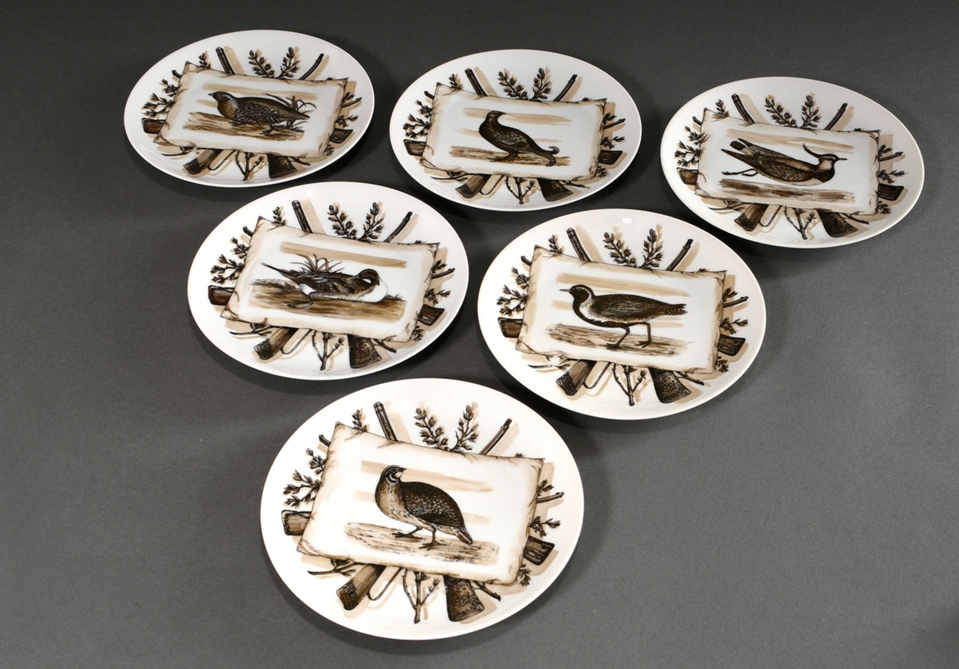 6 Fornasetti, Piero (1913-1988) plate with various sepia prints "bird motifs with hunting weapons"  - Image 4 of 10