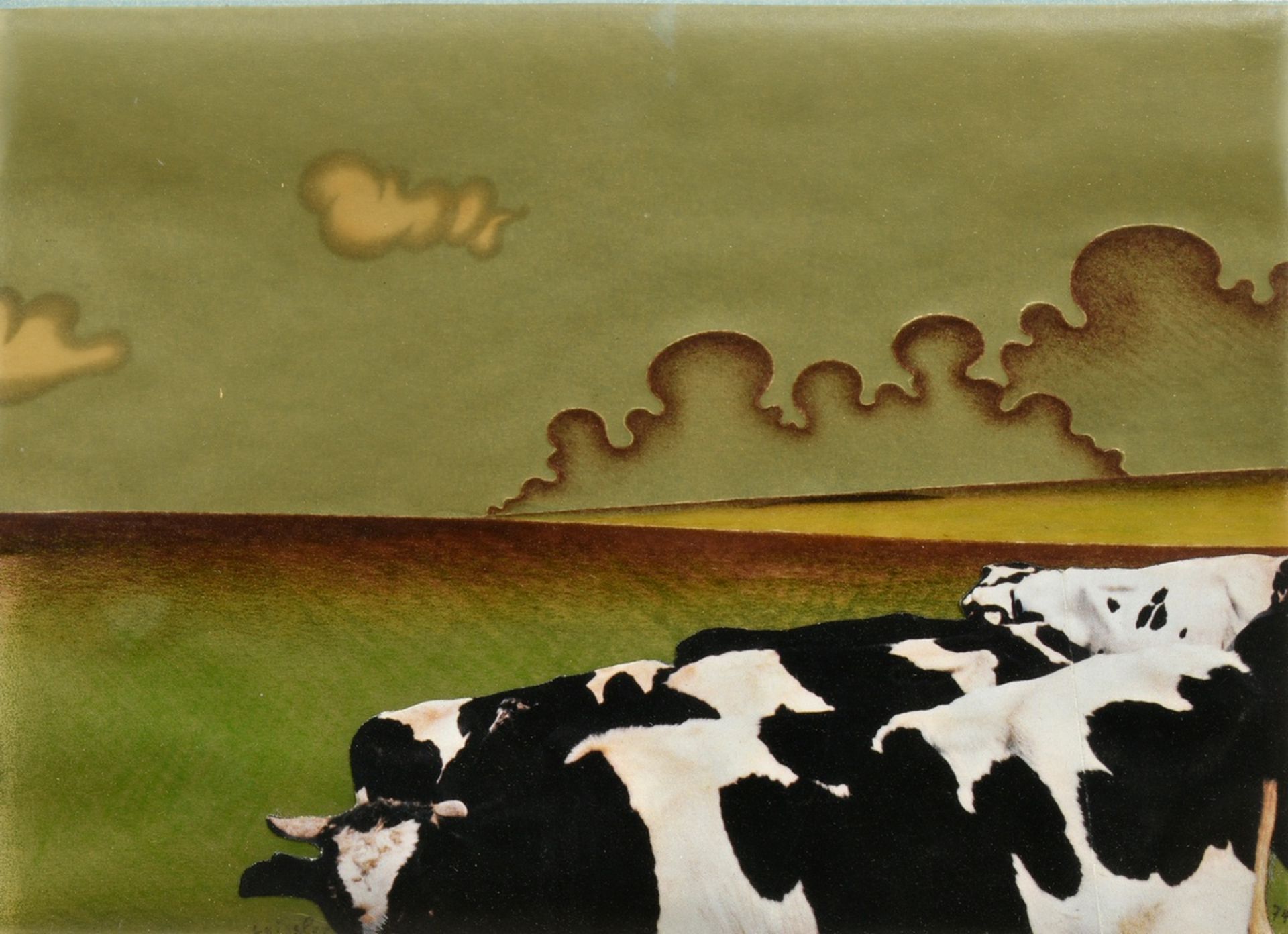 Leissler, Arnold (1939-2014) "Cattle Herd" 1974, collage, b. sign./dat., narrow silver bar (small d