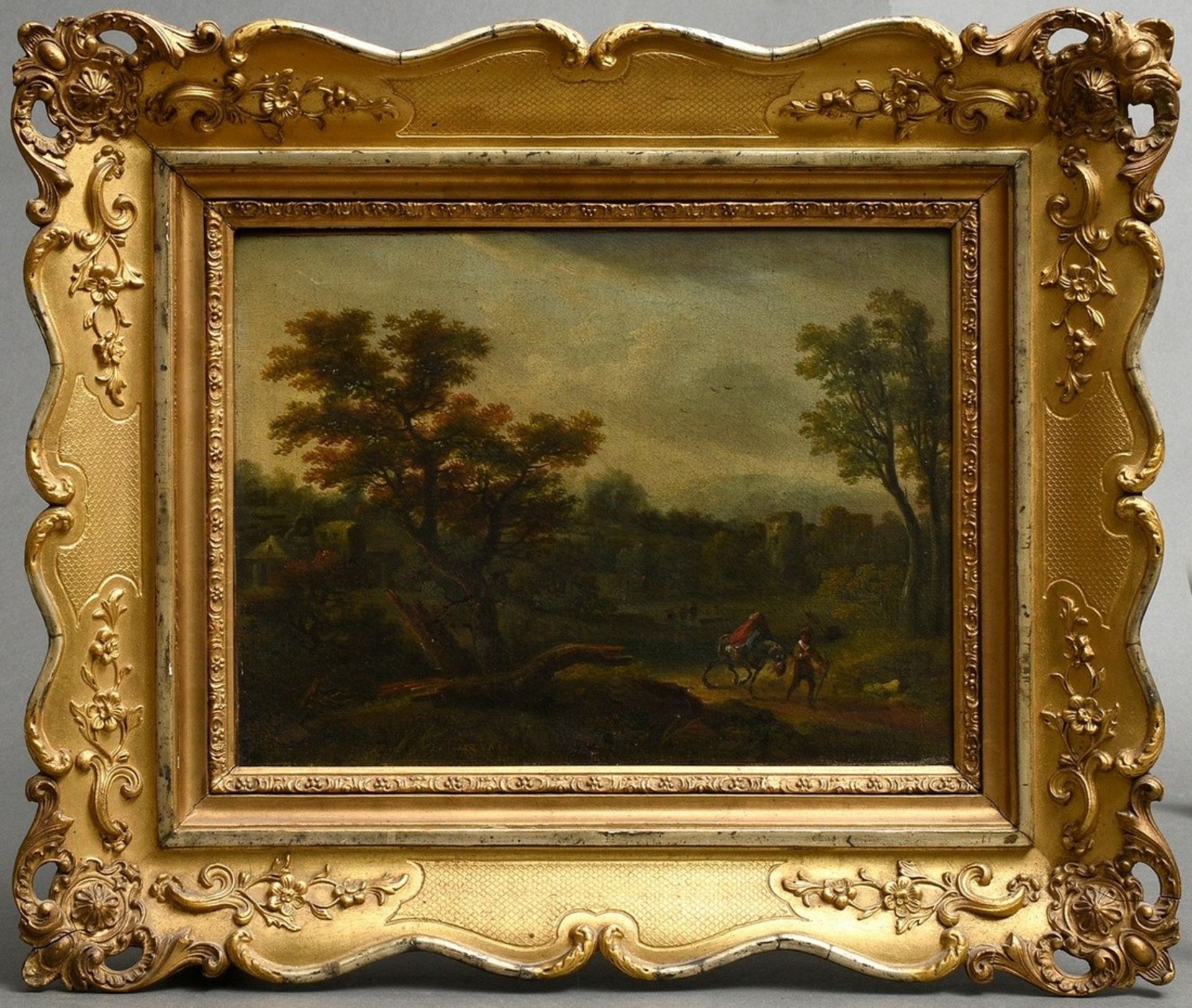 Pair of paintings by an unknown artist of the 18th c. "Landscapes with staffage of persons", oil/ca - Image 4 of 7