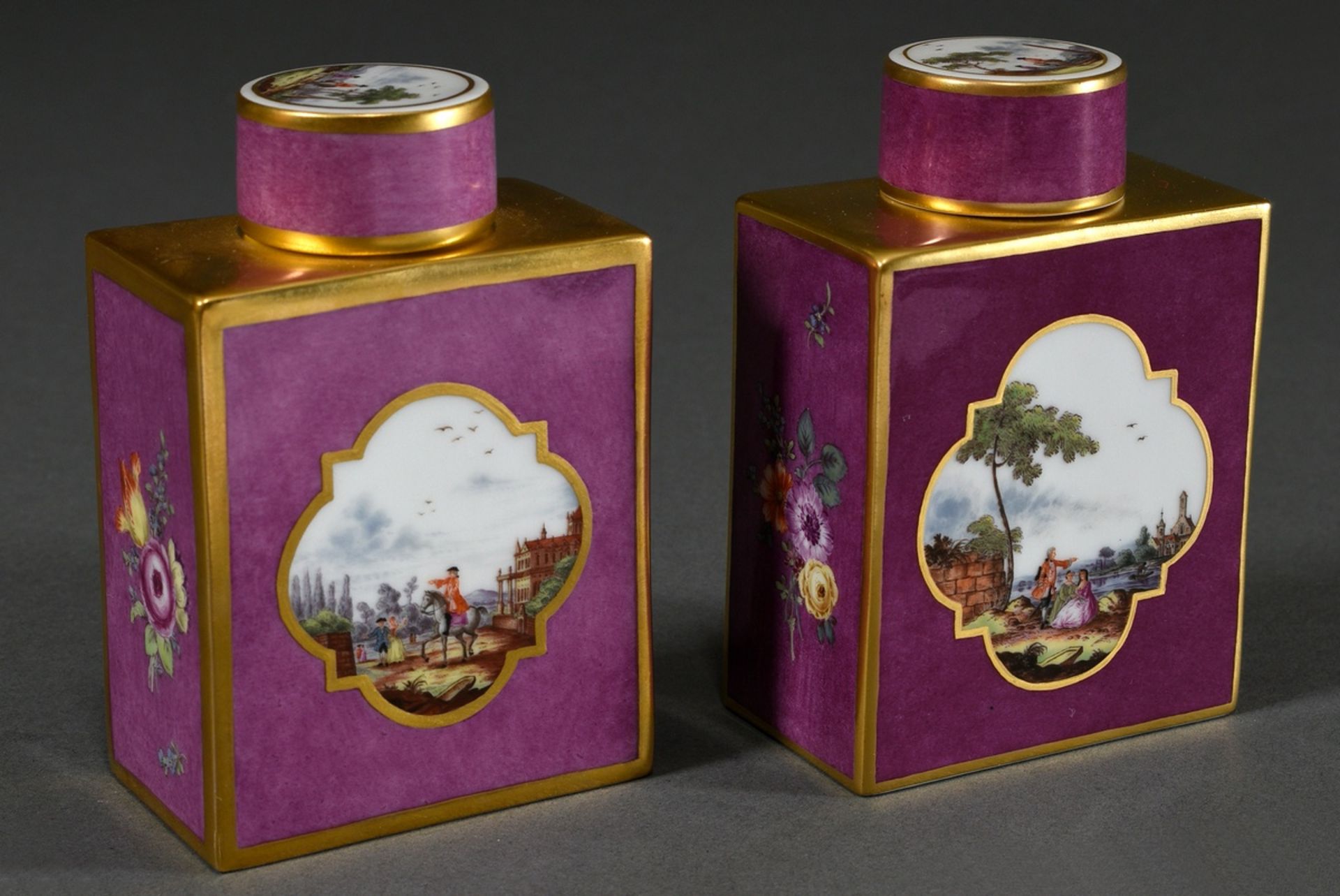 Pair of Meissen tea caddies after an old model with polychrome painting "landscapes with figures st - Image 2 of 5