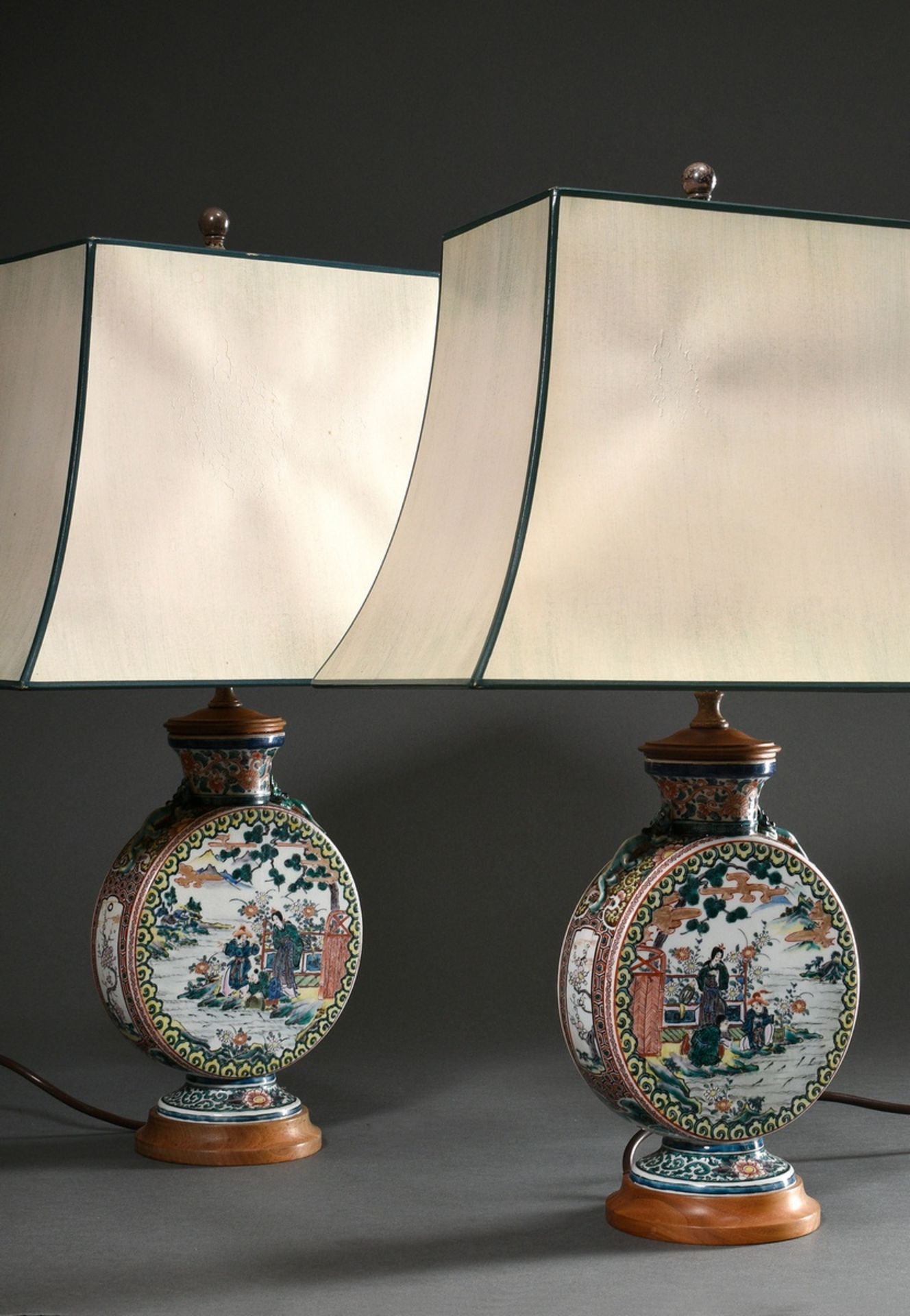 Pair of Japanese Kutani Moonflask vases with polychrome painting "Garden scenes" mounted as lamps, 