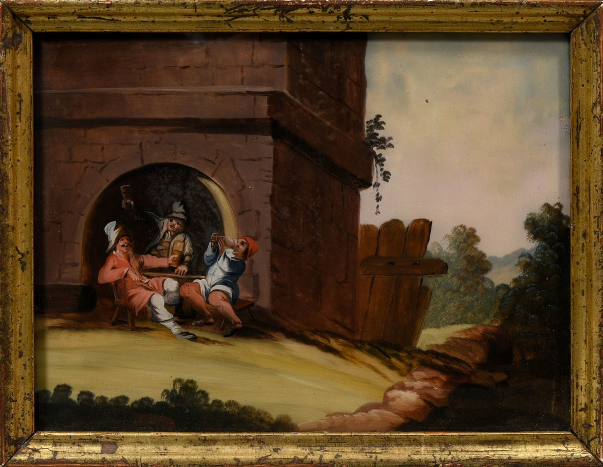 3 Reverse glass paintings "Genrescenes" 18th c., after Adriaen Brouwer (1605-1638), old Berlin moul - Image 3 of 5