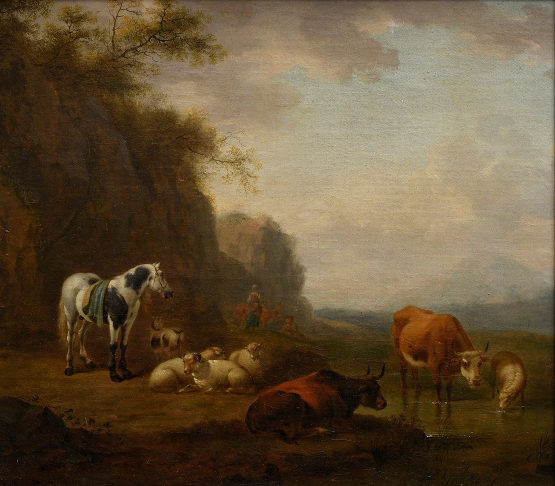Calraet, Abraham van (1642-1722) "Herd at the Watering Trough", oil/canvas, inscr. on verso, magnif
