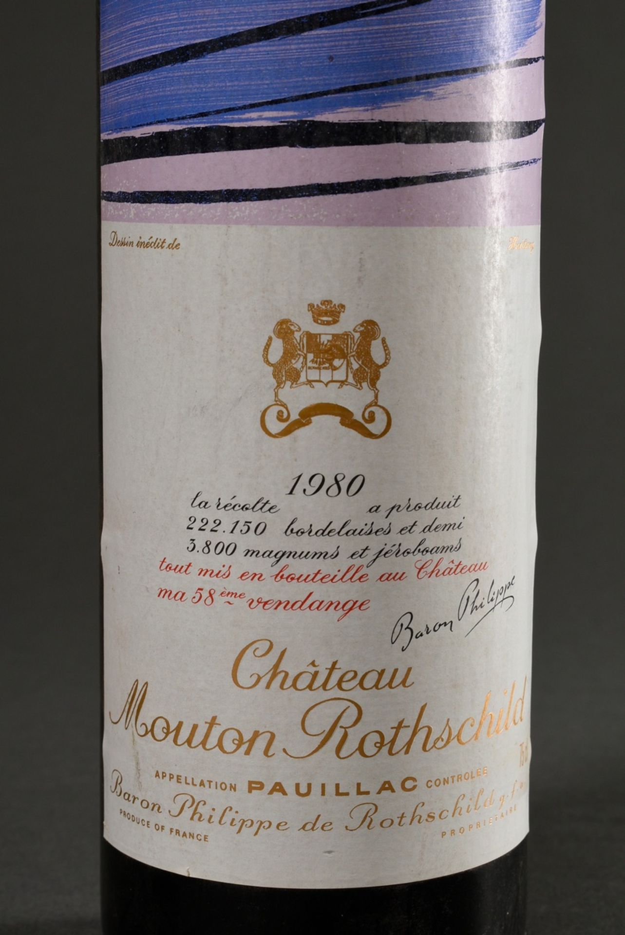 Flasche 1980 Château Mouton Rothschild, Bordeaux, Pauillac, Rotwein, 0,75l, Design Hans Hartung, ko - Bild 2 aus 3