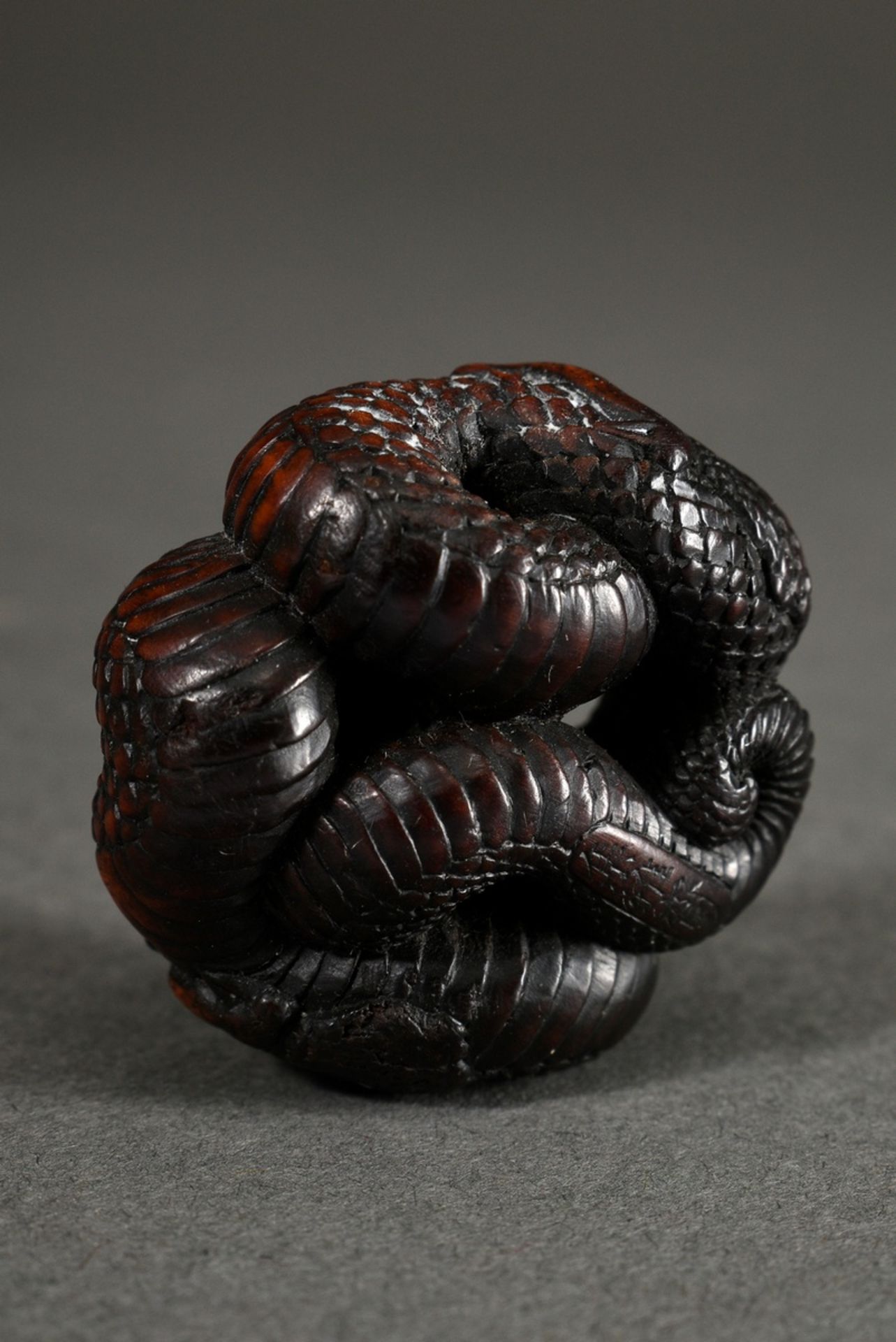 Boxwood netsuke "round laid dragon" in Manju form, inlaid eye of light horn, sign. Toyokazu, Ø 3,5c - Image 2 of 5