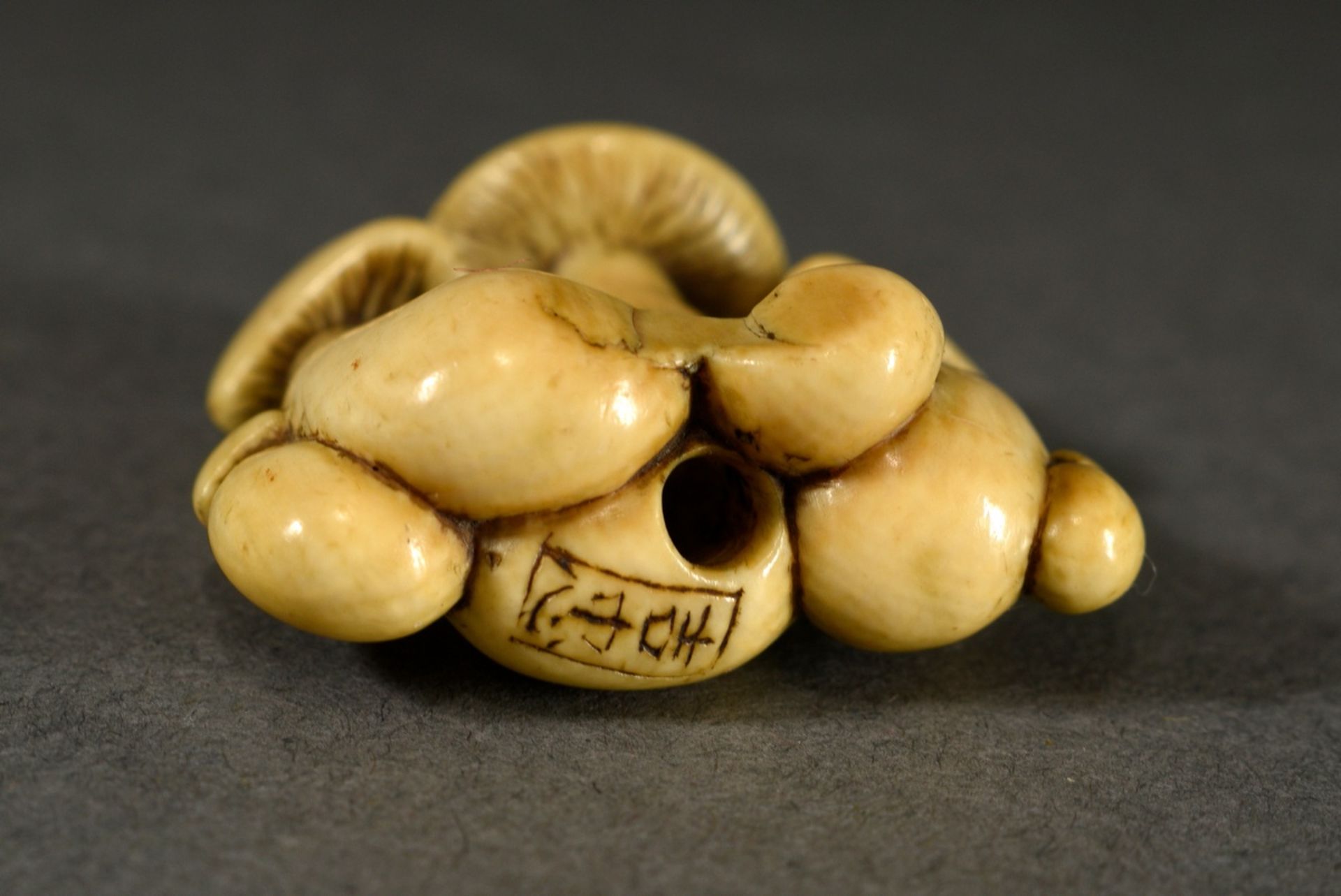 Ivory netsuke "Mushrooms", sign. 吉忠 Yoshitada, Japan 19th c., Himotoshi with traces of wear, beauti - Image 3 of 4