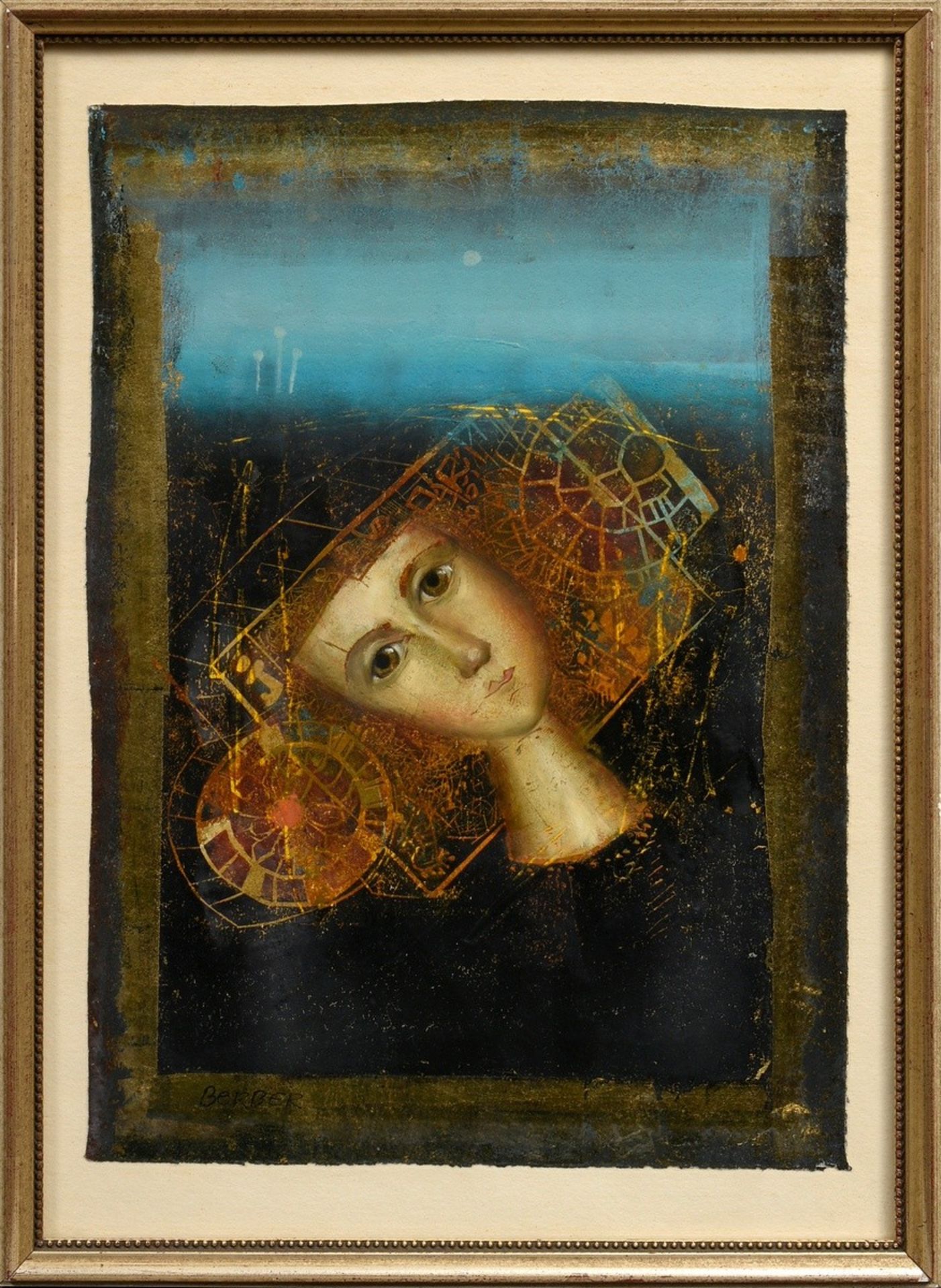 Berber, Mersad (1940-2012) "Girl's head in front of a light blue horizon", woodcut/mixed media/gold - Image 2 of 3