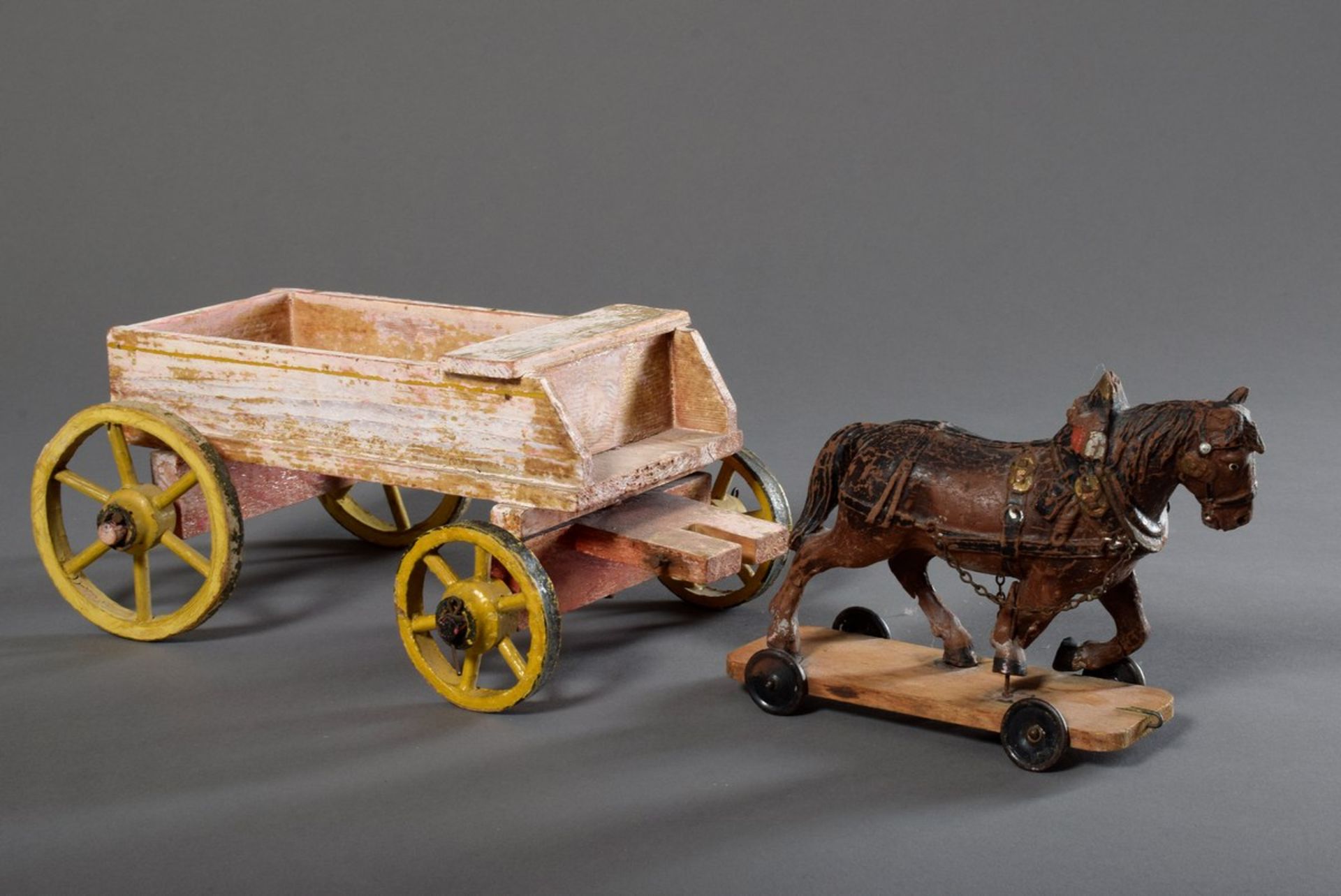 2 Parts old toys for children: "Carriage" and "Horse on wheels", wood with remains of old paint, 13