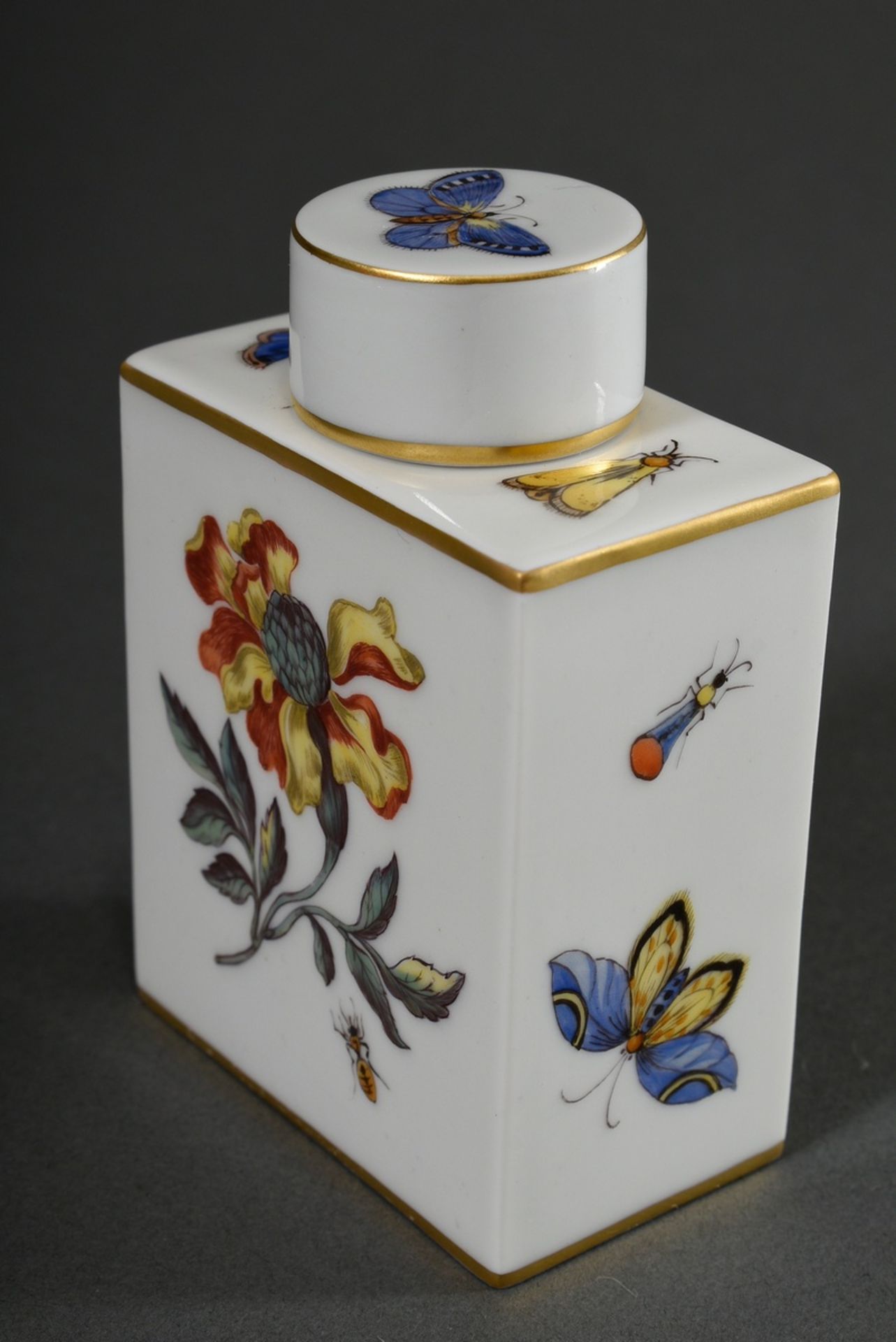 Meissen tea caddy with polychrome painting "woodcut flowers and insects" and gold decoration, 20th  - Image 2 of 6