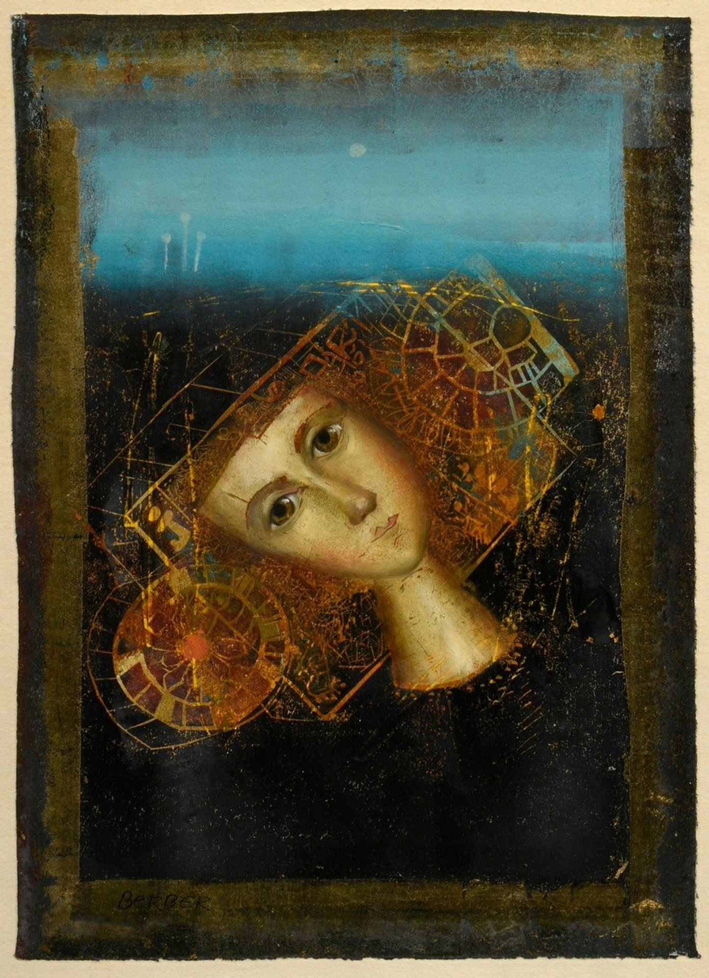 Berber, Mersad (1940-2012) "Girl's head in front of a light blue horizon", woodcut/mixed media/gold