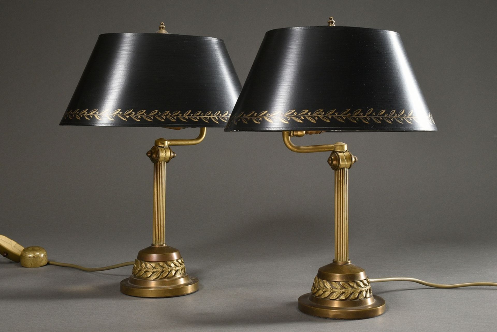 Pair of bronze column lamps with laurel rim on base and on the adjustable black shades (handmade),  - Image 2 of 7