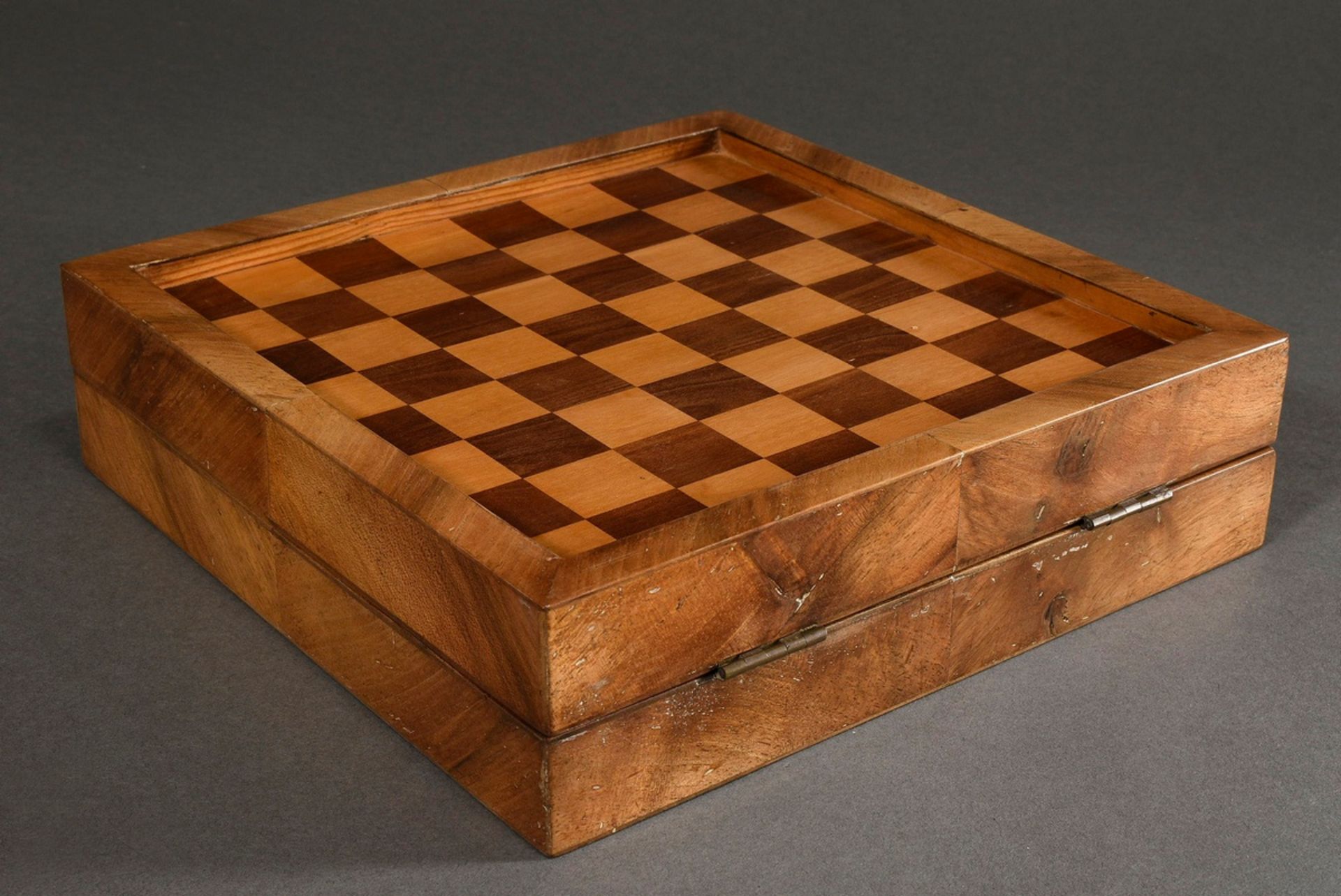 Small box with playing fields for mill, chess and backgammon, 19th c., fruitwood veneered on softwo - Image 2 of 3