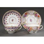 2 Various Dresden tea cups/saucer with polychrome floral painting and gold decoration, Donath & Co.