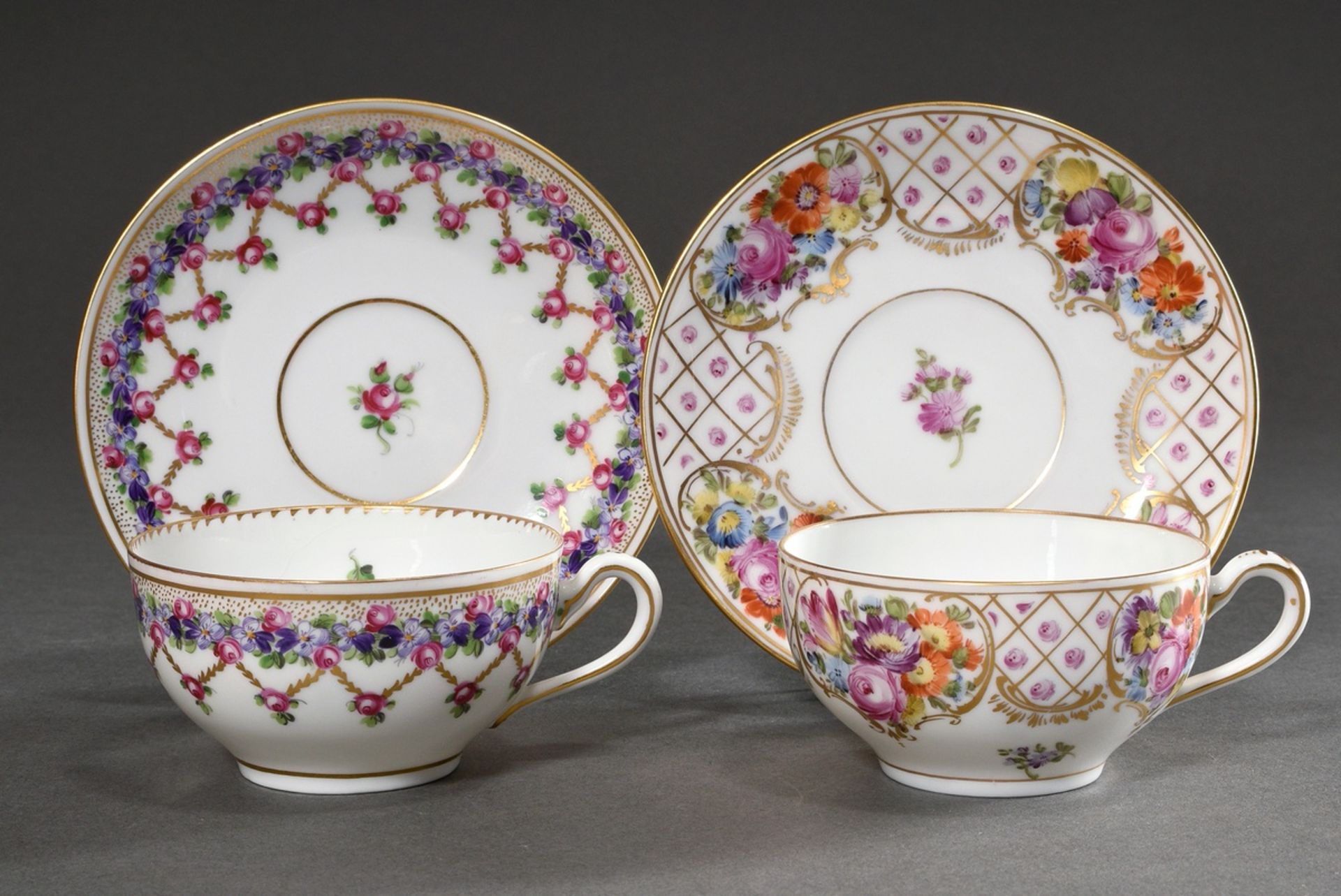 2 Various Dresden tea cups/saucer with polychrome floral painting and gold decoration, Donath & Co.