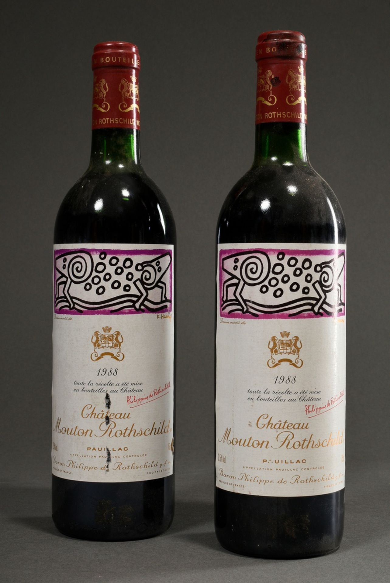 2 Flaschen 1988 Château Mouton Rothschild, Bordeaux, Pauillac, 0,75l, Design Keith Haring, konstant