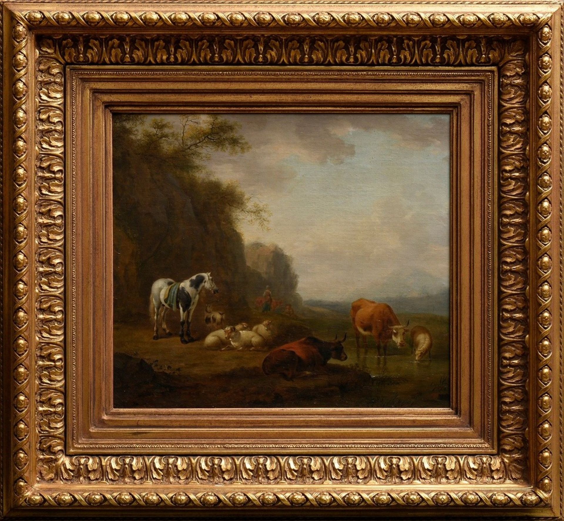 Calraet, Abraham van (1642-1722) "Herd at the Watering Trough", oil/canvas, inscr. on verso, magnif - Image 2 of 7