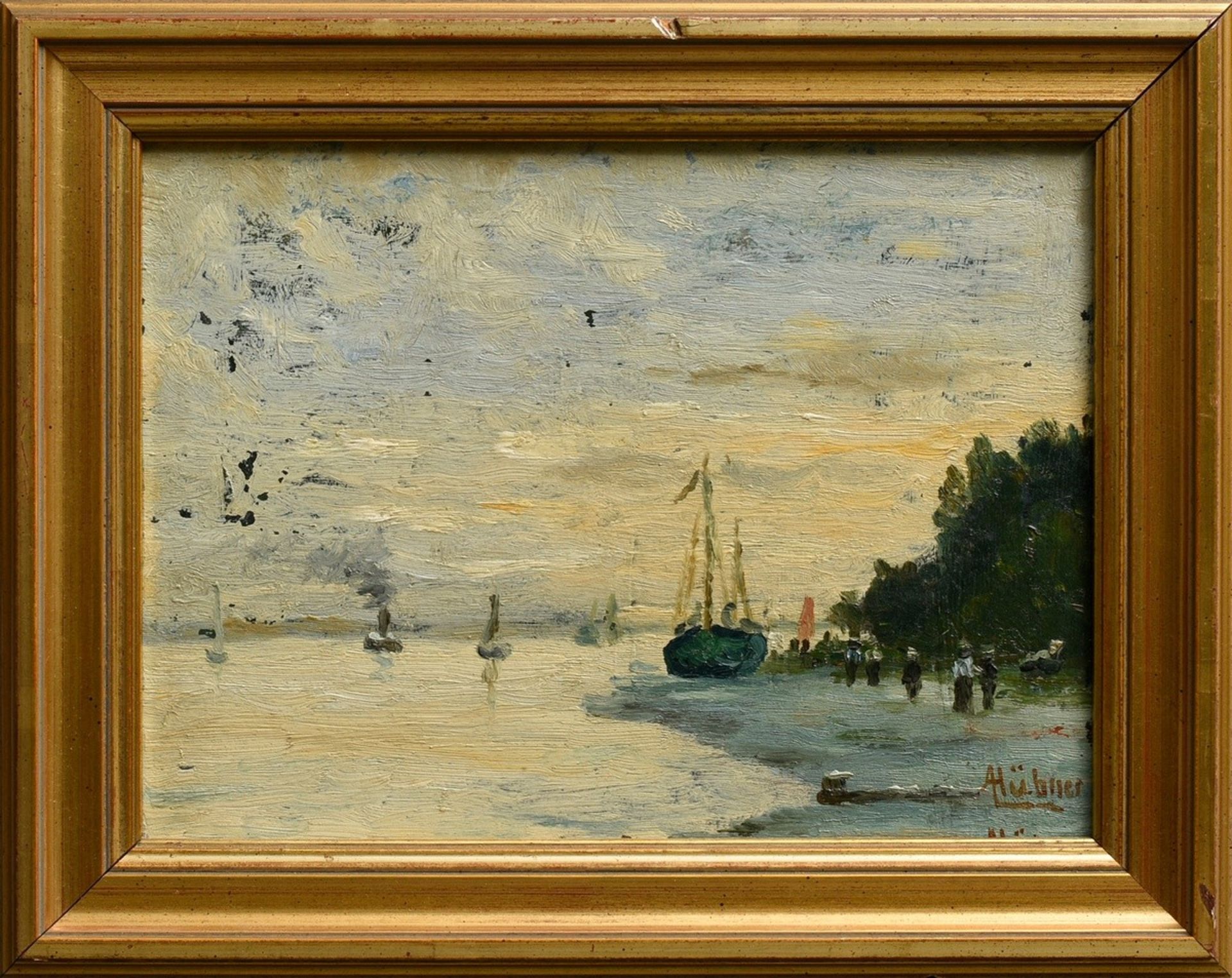 Hübner, A. "Evening at the river", oil/cardboard, b. 2x signed, 17,5x23,5cm (w.f. 22,3x28cm), defec - Image 2 of 4