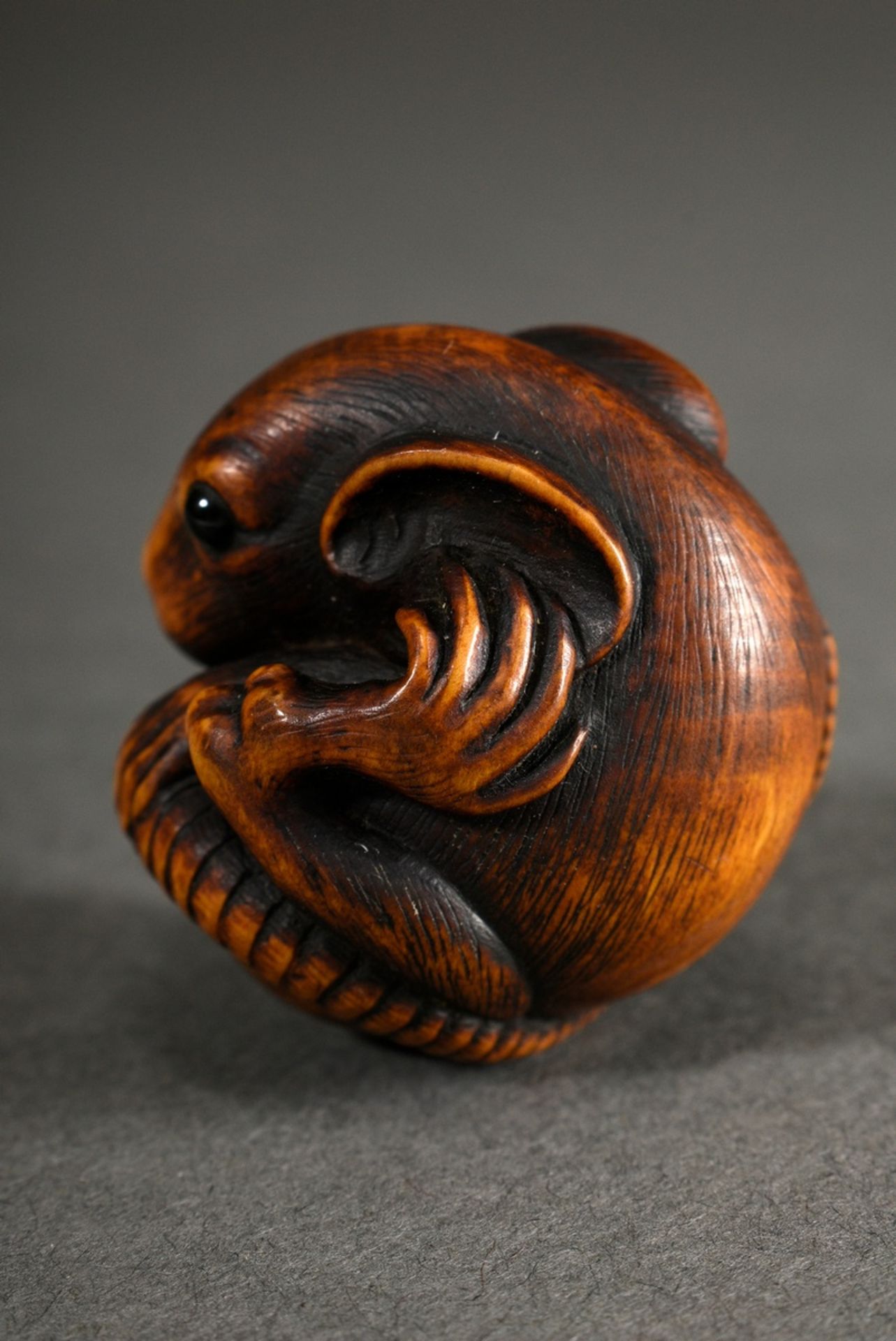 Boxwood netsuke "spherical rat" with eyes inlaid in horn, natural himotoshi through the right paw,  - Image 4 of 6