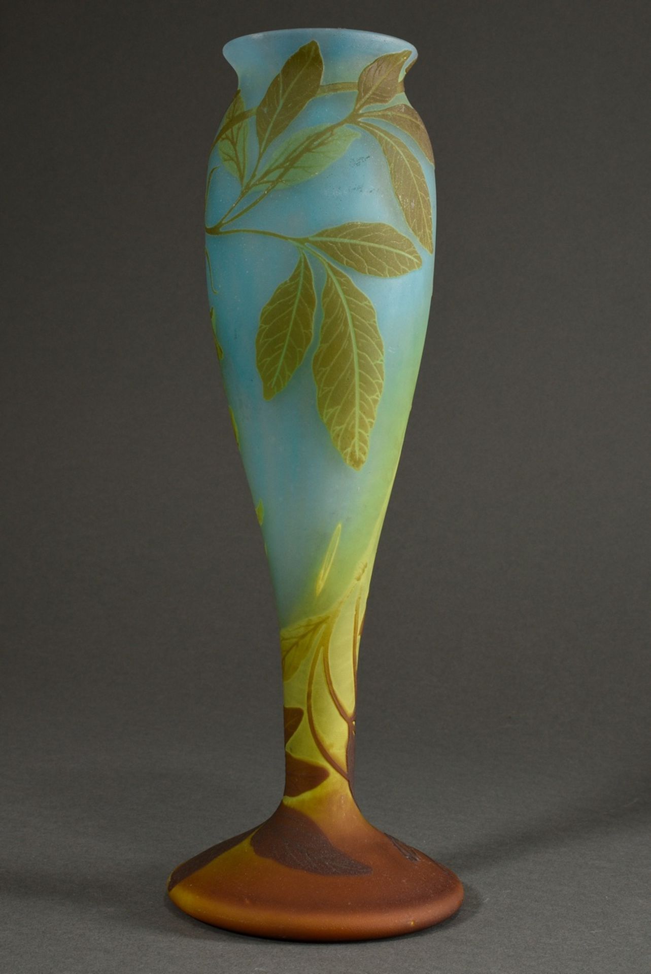 Barz Art Nouveau vase "Wysteria" in blue-green-brown flashed glass, slender baluster shape on a bro - Image 3 of 5