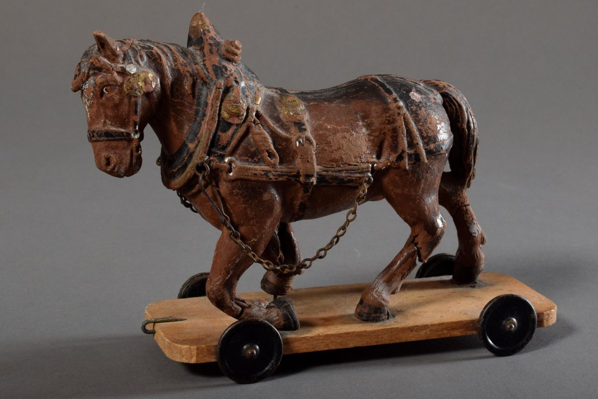2 Parts old toys for children: "Carriage" and "Horse on wheels", wood with remains of old paint, 13 - Image 3 of 7