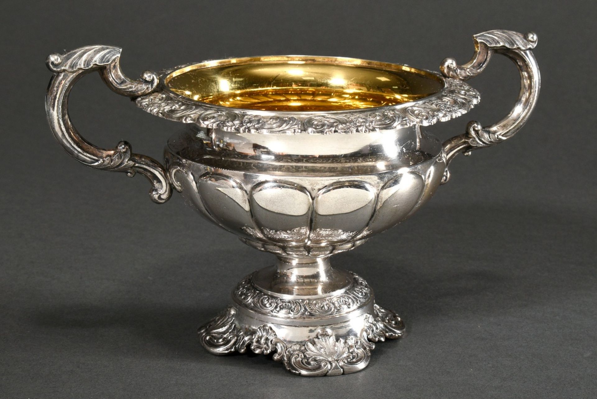 Biedermeier sugar centerpiece in crater shape with floral relief on foot, rim and handles, silver 1