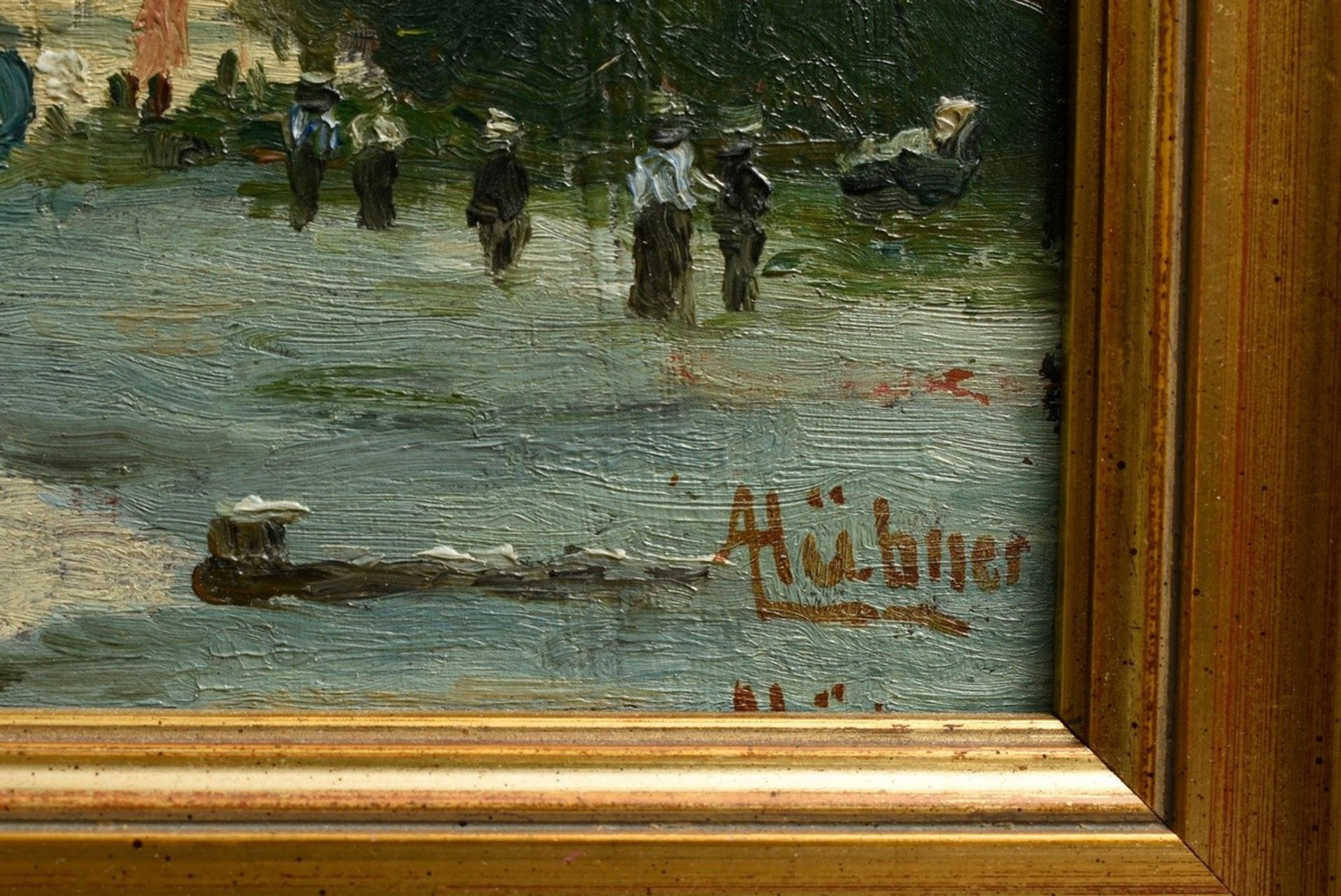 Hübner, A. "Evening at the river", oil/cardboard, b. 2x signed, 17,5x23,5cm (w.f. 22,3x28cm), defec - Image 3 of 4