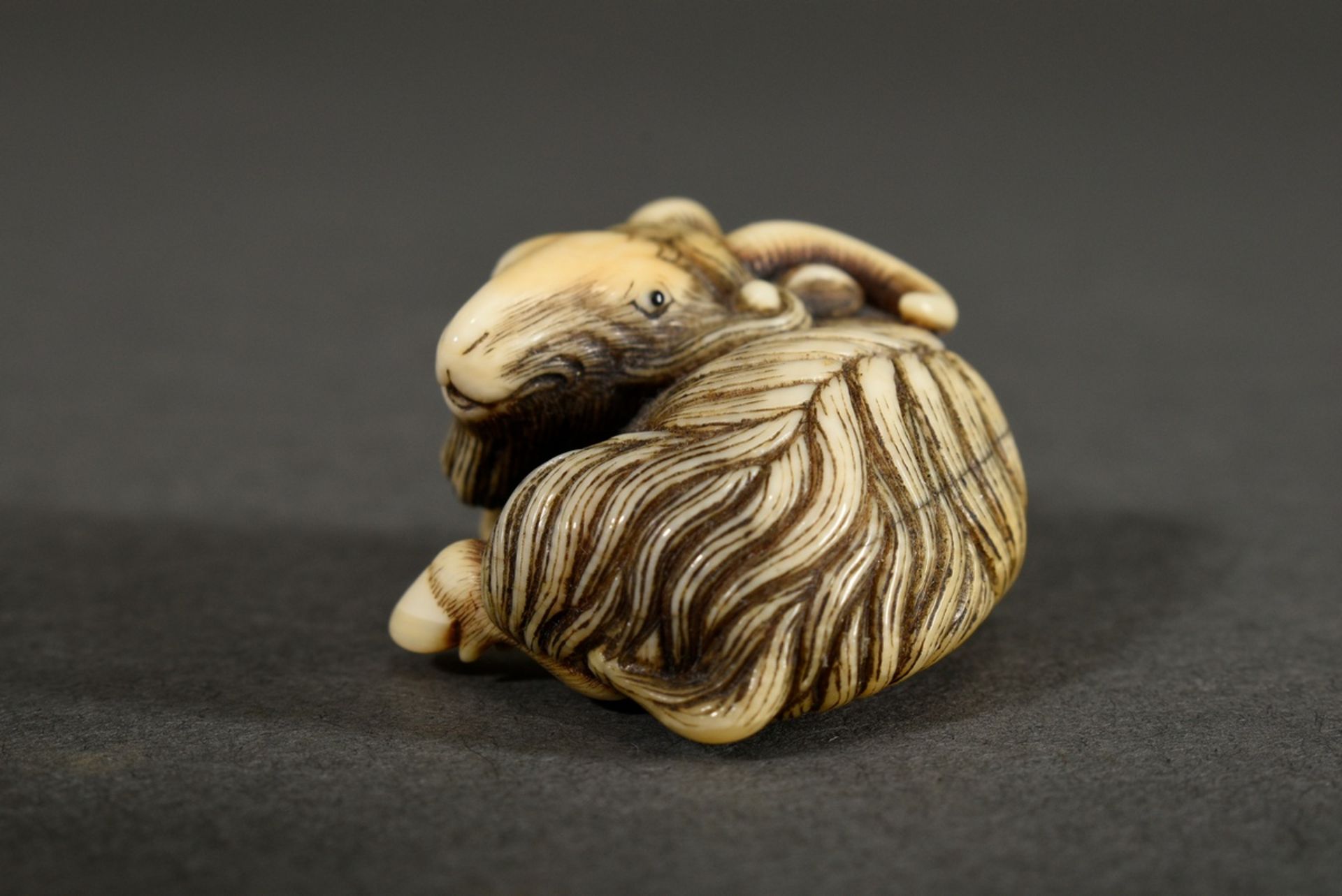 Ivory netsuke "Rolled-in mountain goat" with inlaid eyes of black horn and engraved fur, golden pat - Image 4 of 6