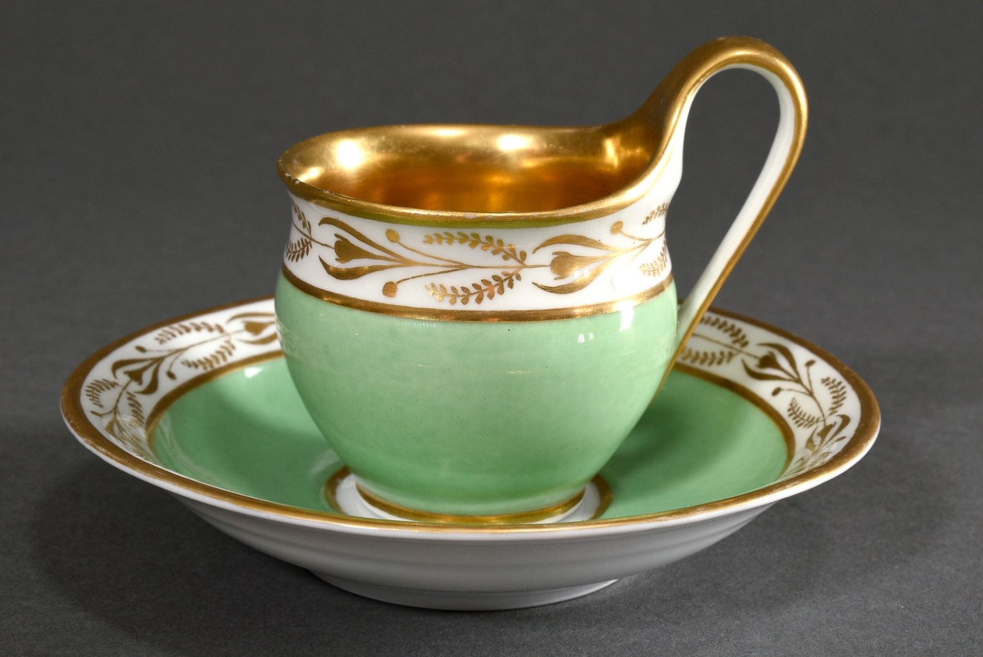 KPM Cup with floral gold friezes on a light green ground, Etrurian form with Campanian handle on ma - Image 2 of 3