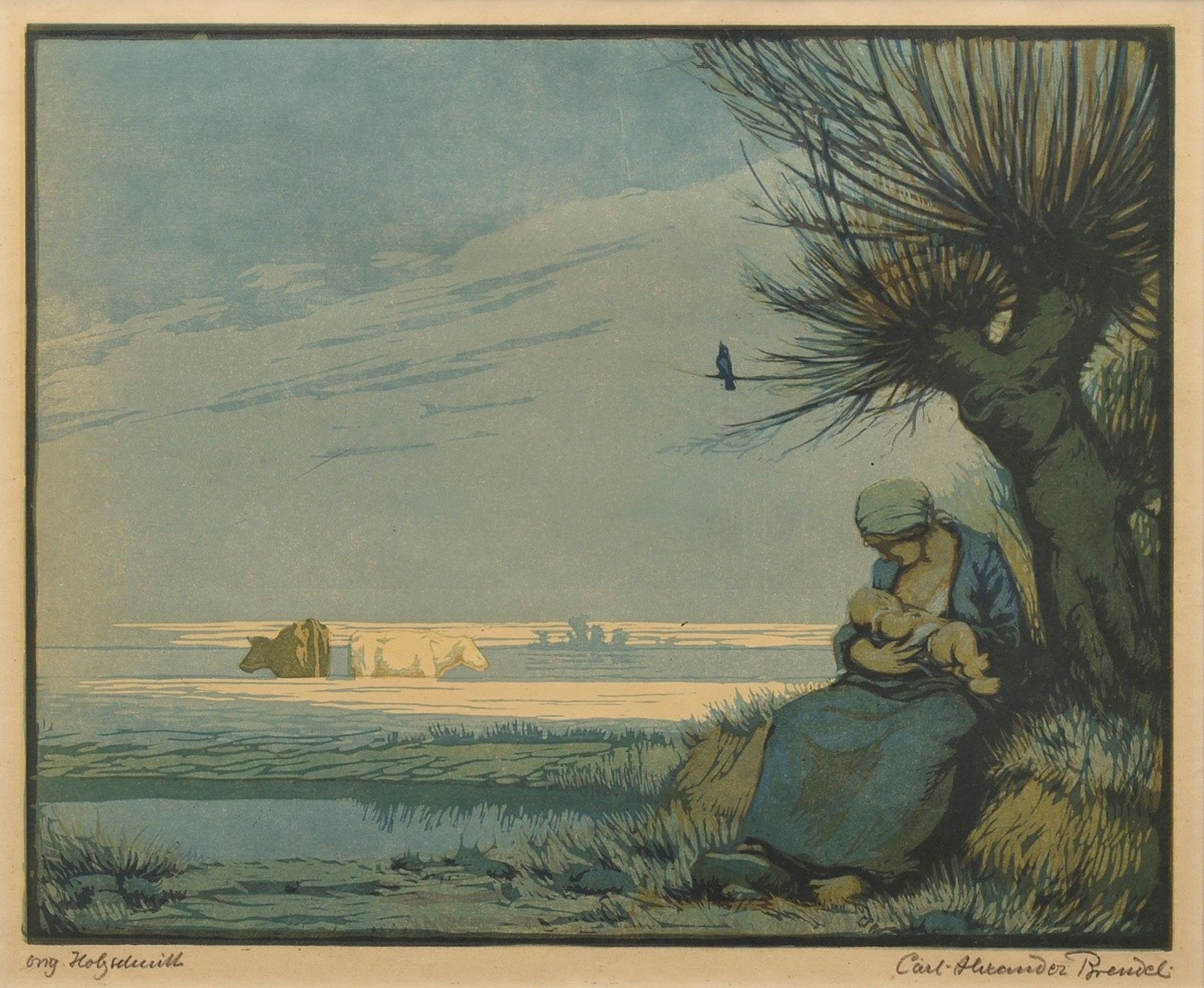 Brendel, Karl Alexander (1877-1945) "Mother and Child", colour woodcut, b. sign./inscr., PM 26,5x32