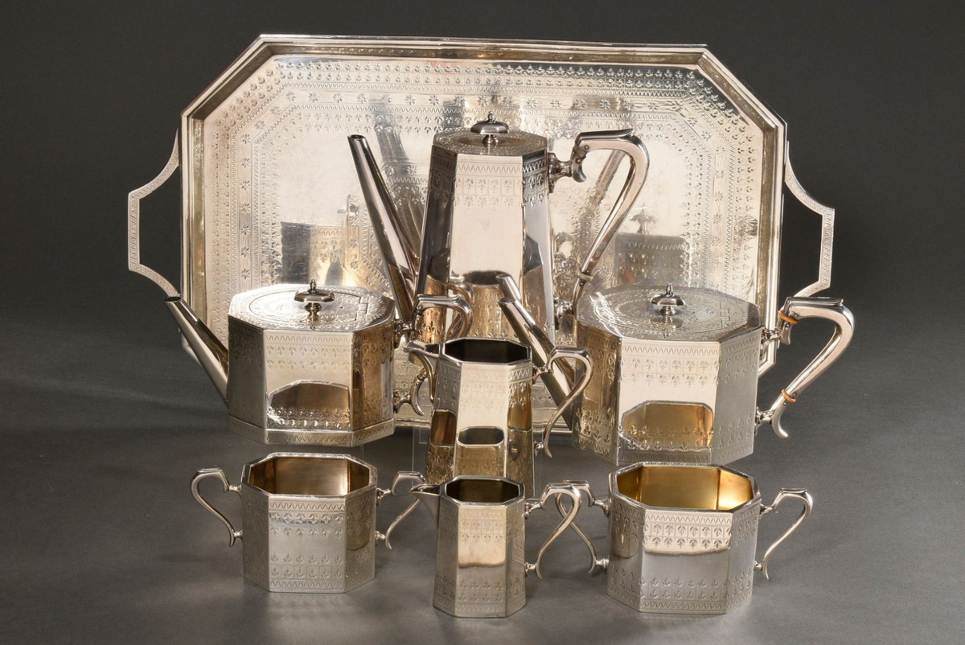 8 Piece silver plated coffee tea service with graphically abstracted leaf friezes on octagonal wall - Image 2 of 5