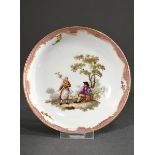 Meissen bowl with polychrome painting "Teniers szene" and gold decorated rosé rocaille rim, dotted 