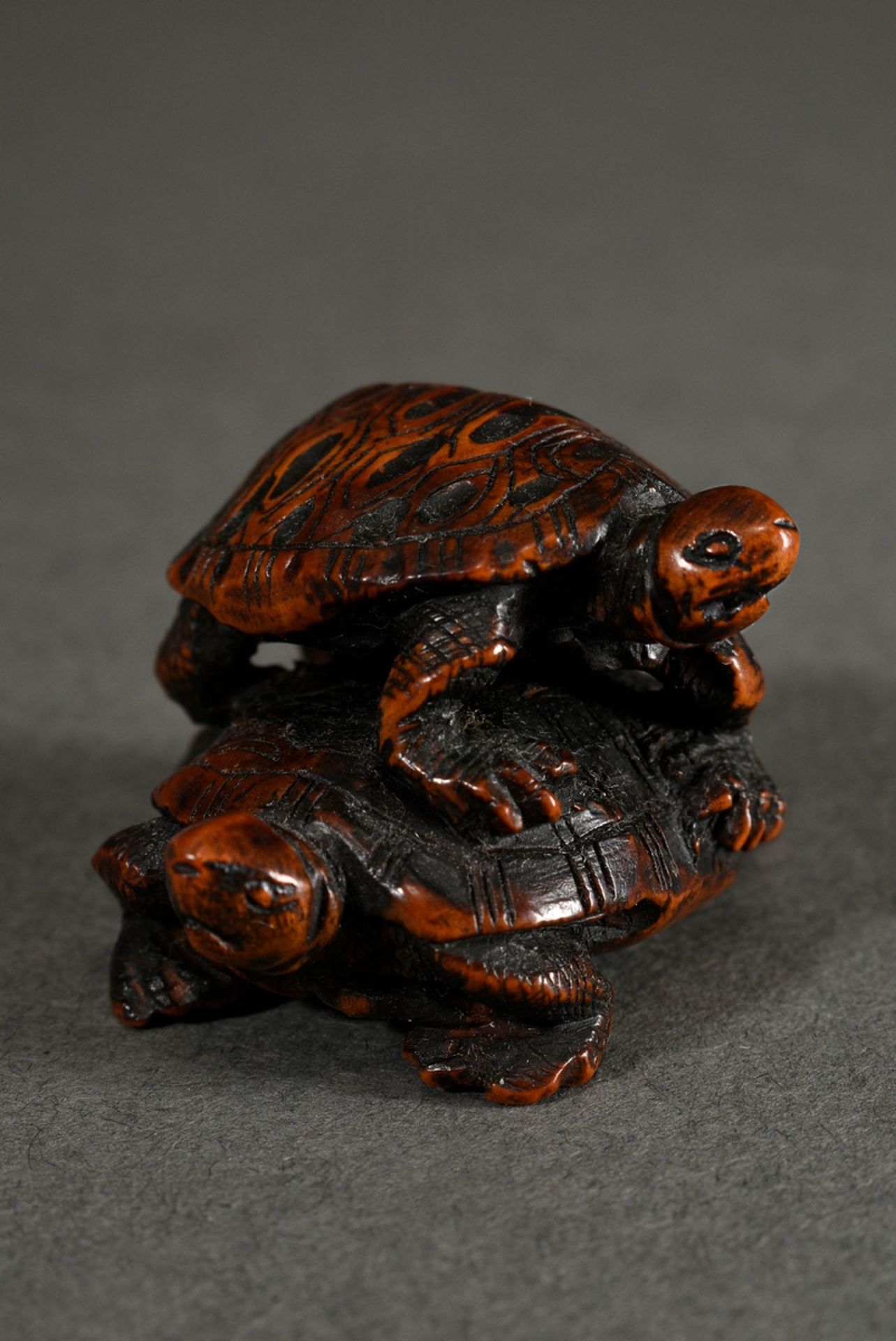 Boxwood netsuke "Two turtles standing on each other", finely carved details, strongly coloured, sig