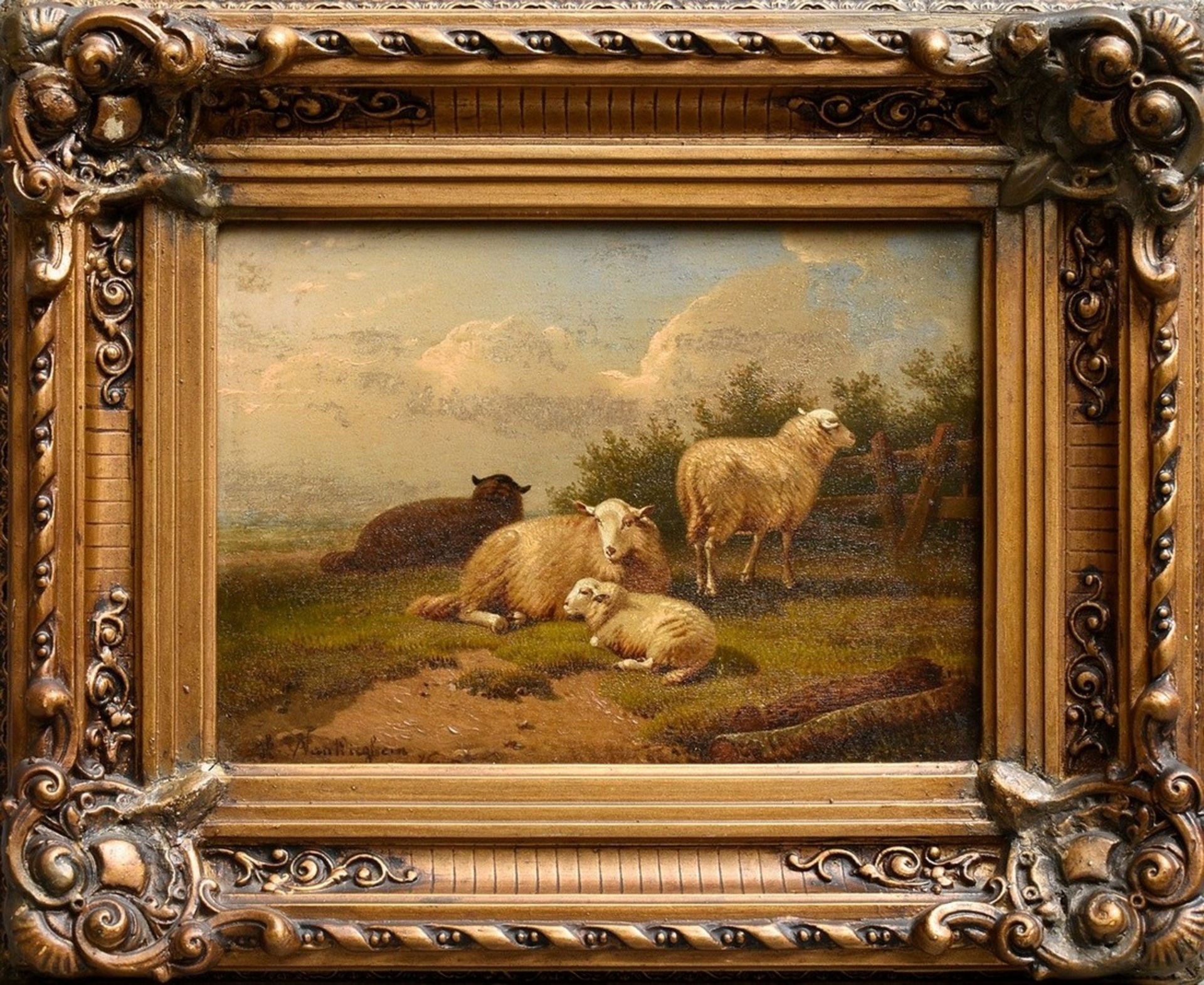 Dieghem, Joseph van (1843-1885) "Resting Sheep", oil/wood, magnificent frame (small defects), 23x16 - Image 2 of 5