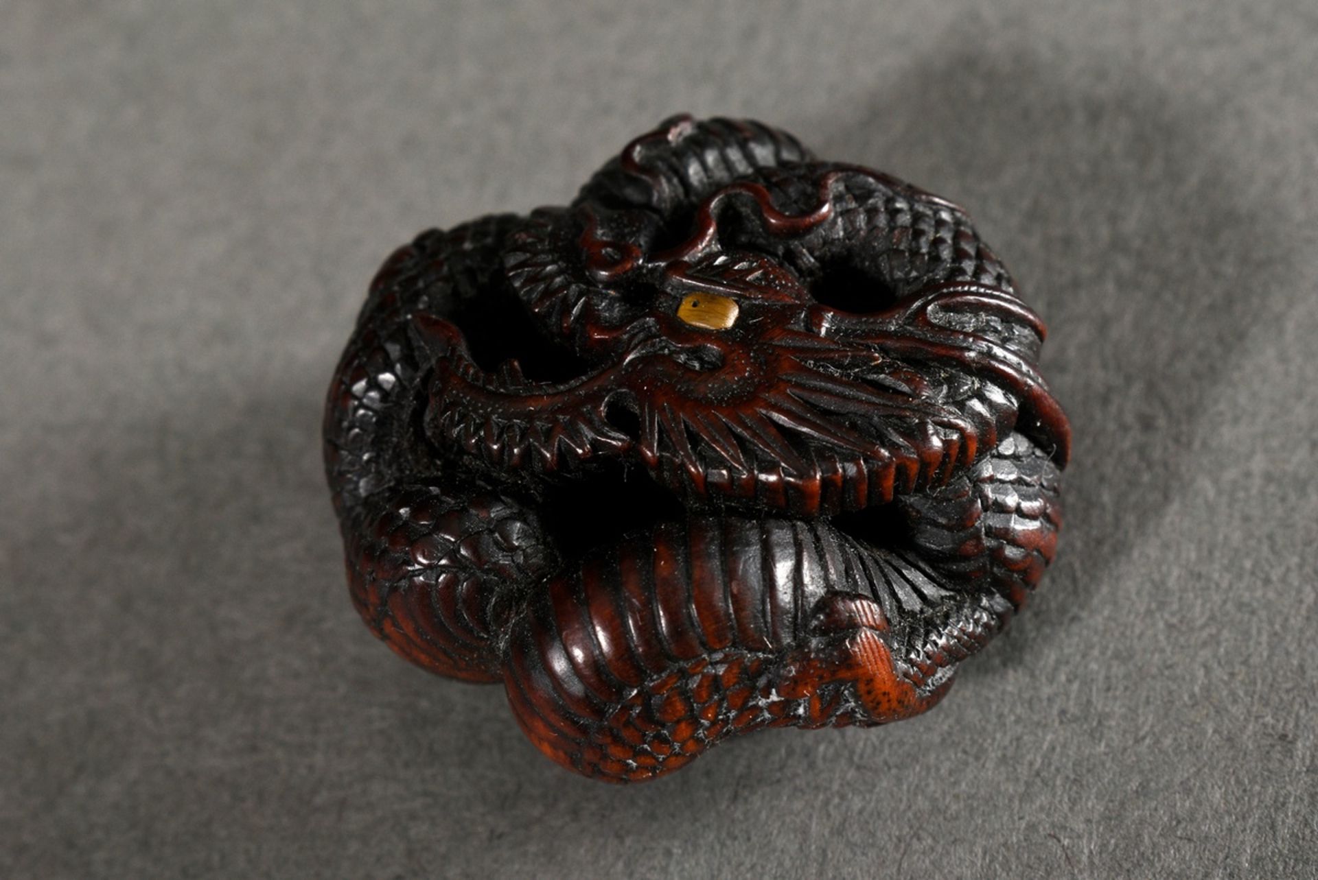 Boxwood netsuke "round laid dragon" in Manju form, inlaid eye of light horn, sign. Toyokazu, Ø 3,5c - Image 5 of 5