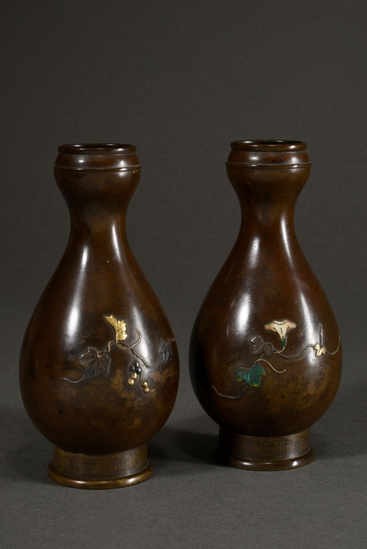 Pair of fine Japanese baluster vases with shakudo decorations "morning glory blossoms and moth" and - Image 2 of 8
